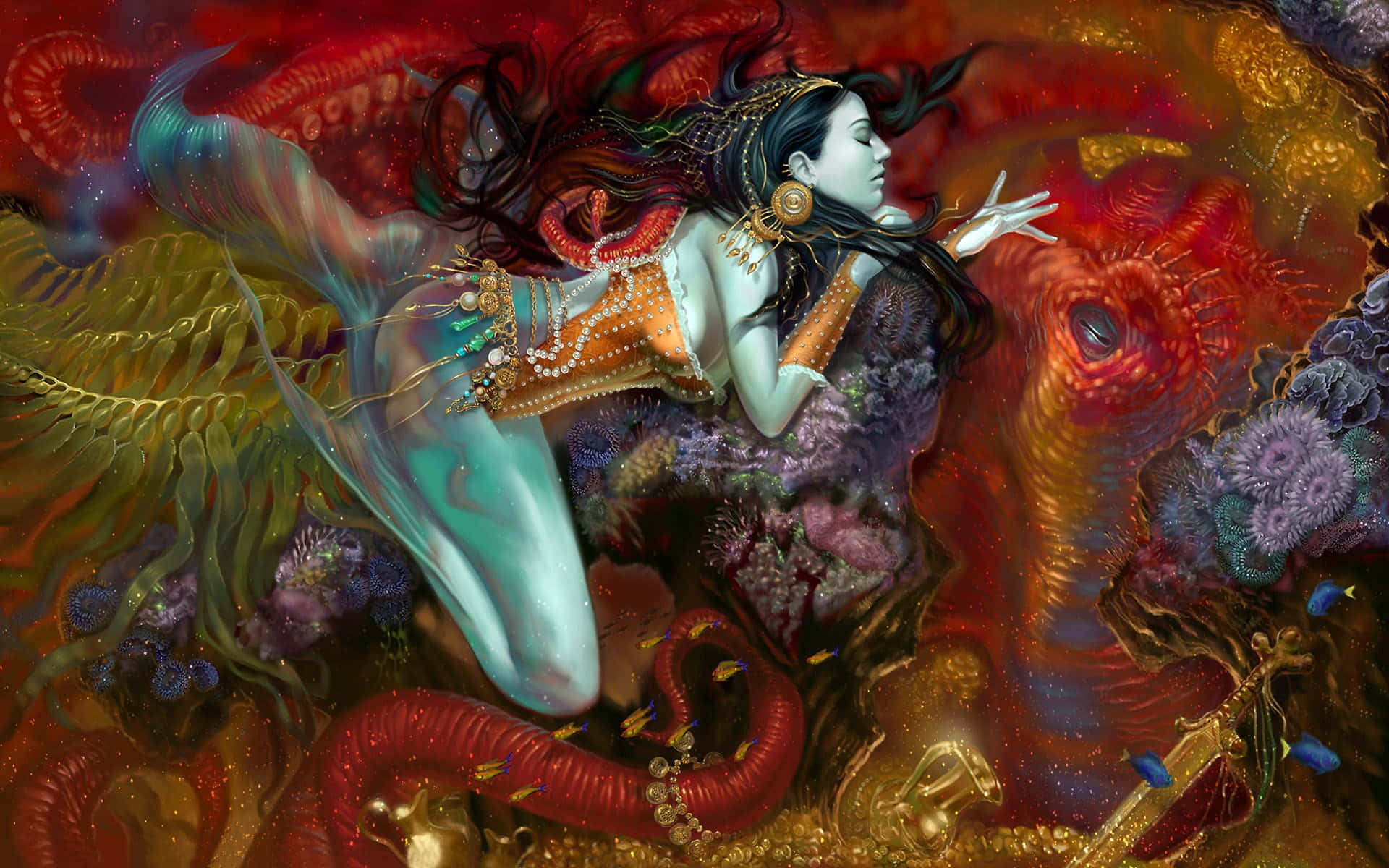 美人魚 桌布 壁紙 — 一位寧靜的美人魚，擁有飄逸的深色頭髮和華麗的珠寶，在充滿活力的珊瑚和發光的海洋生物中優雅地休息，置身於超現實的水下領域。