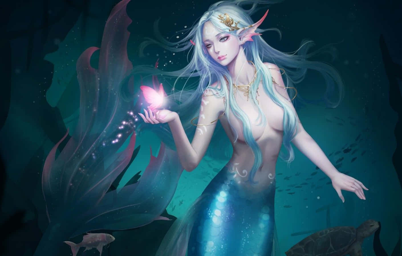 Mermaids 桌布 壁紙 — 一位寧靜的美人魚，銀色頭髮和發光的粉紅色蝴蝶，在珊瑚和魚群中於水下握著一個發光的球體。