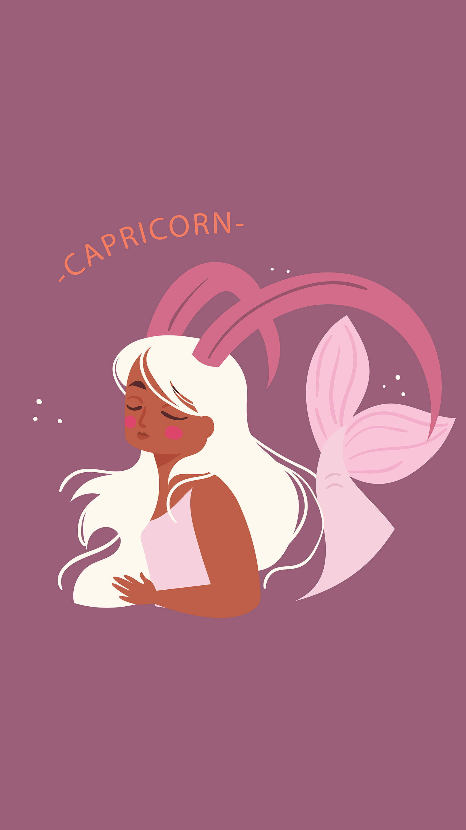 Capricorn 桌布 壁紙 — 一位寧靜的美人魚，長長的白髮和粉紅色的尾巴，在純紫羅蘭色背景上安詳地休息，上方有「CAPRICORN」文字。