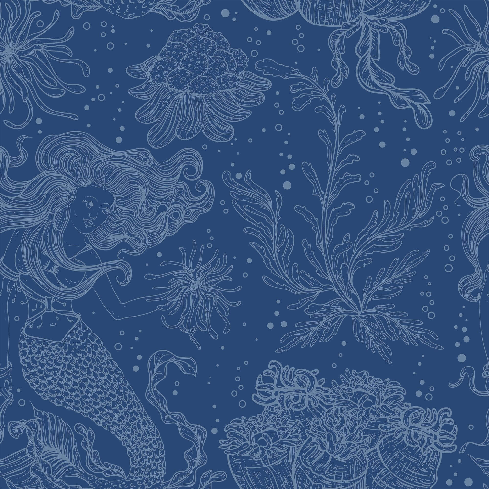 Nautical 桌布 壁紙 — 一位寧靜的美人魚，長髮飄逸，在深藍色的海底場景中穿梭於珊瑚和海藻之間。