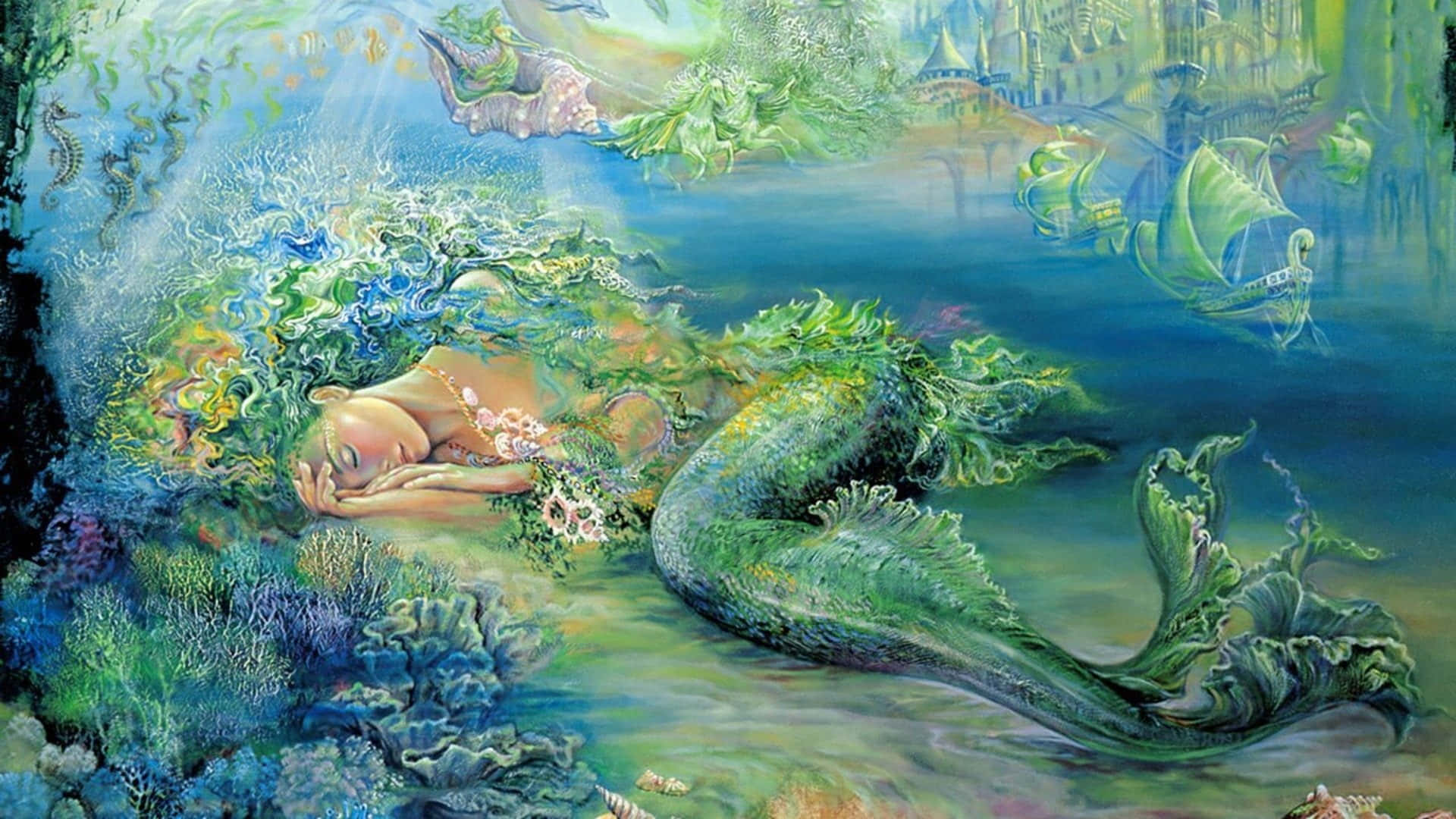 美人魚 桌布 壁紙 — 一位寧靜的美人魚在充滿活力的珊瑚和發光的海洋生物中，於夢幻般的水下世界沉睡。