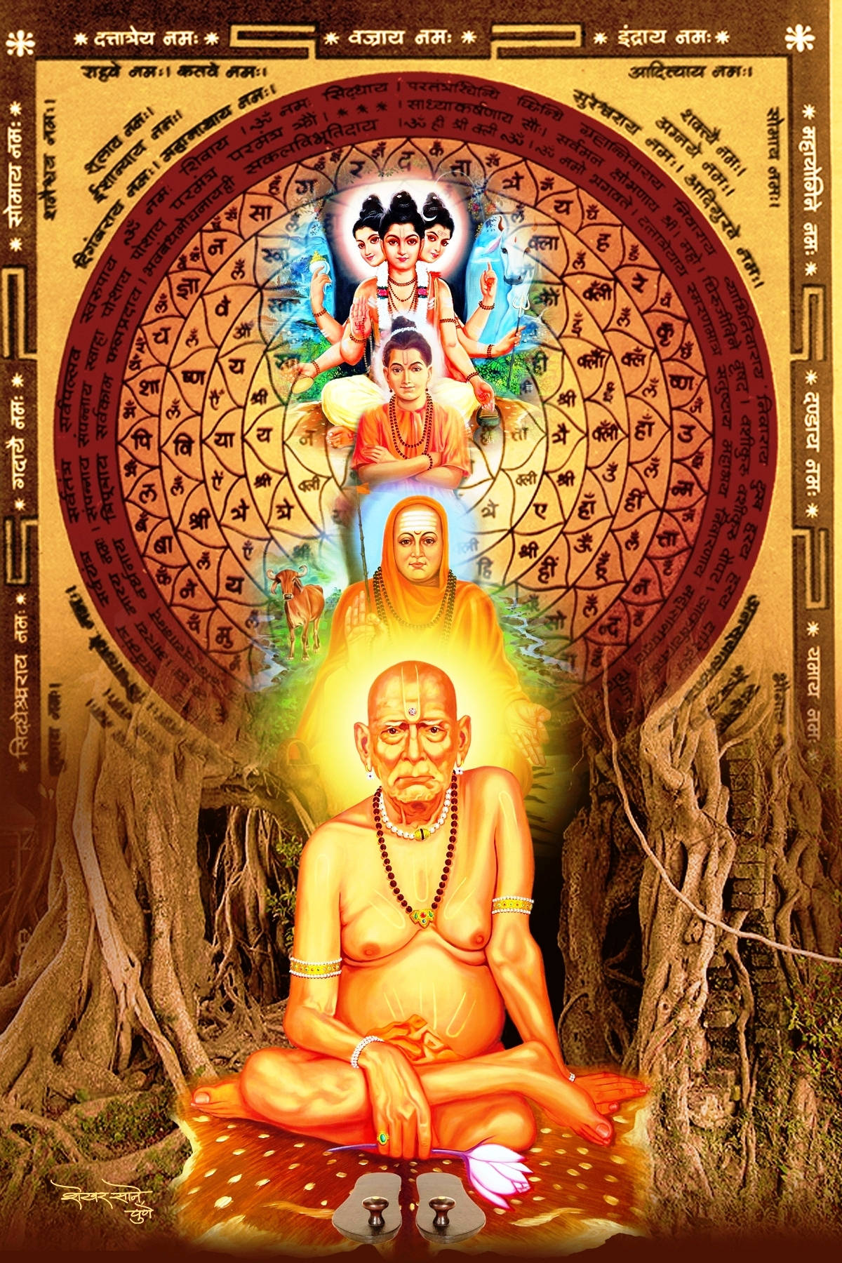 shri swami samarth 桌布 壁紙 — 一位寧靜的聖人在古樹根下冥想，被神聖的梵文字母和神聖人物包圍，散發著燦爛的金色光環。