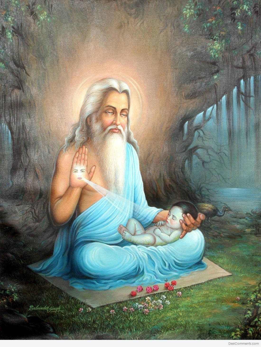 guru nanak dev ji 桌布 壁紙 — 一位寧靜的聖人帶著發光的光環，在神秘森林的瀑布下懷抱著一個熟睡的嬰兒。