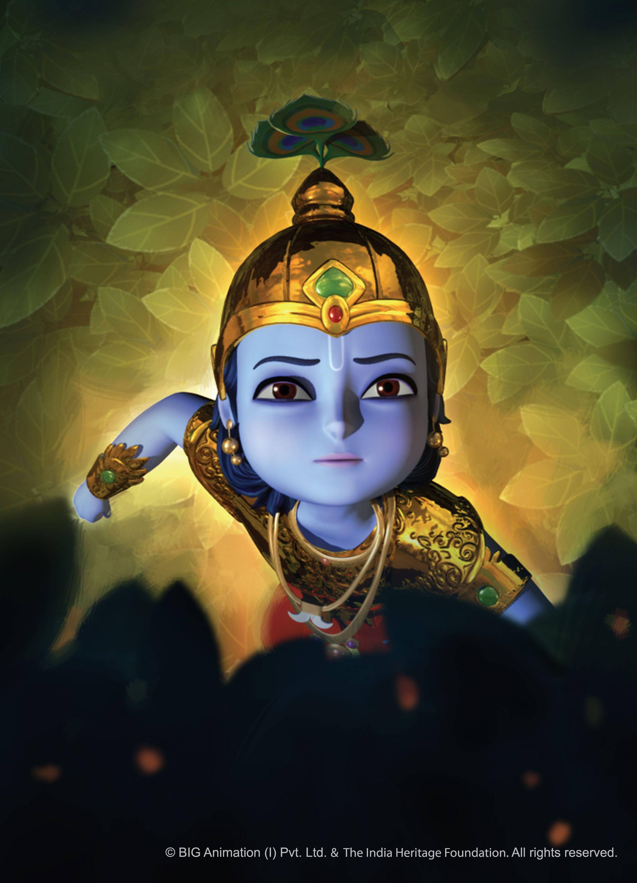 krishna phone 桌布 壁紙 — 一位寧靜的藍皮膚兒童神祇，身穿金色盔甲和孔雀羽毛冠冕，從發光的樹葉中出現。