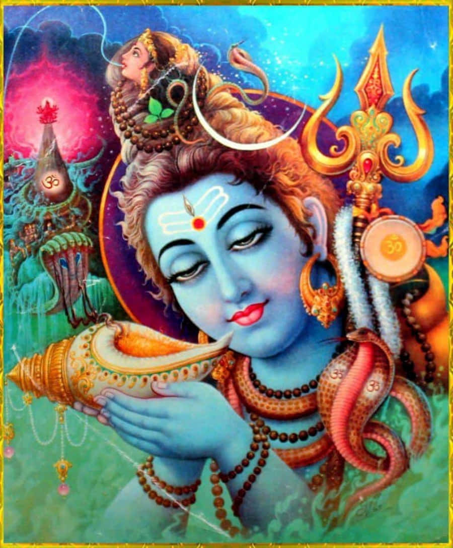 Indian God 桌布 壁紙 — 一位寧靜的藍皮膚印度教神祇閉著眼睛，手持一個飾有黃金和珠寶的海螺殼，背景是宇宙中旋轉的雲彩和神聖符號。