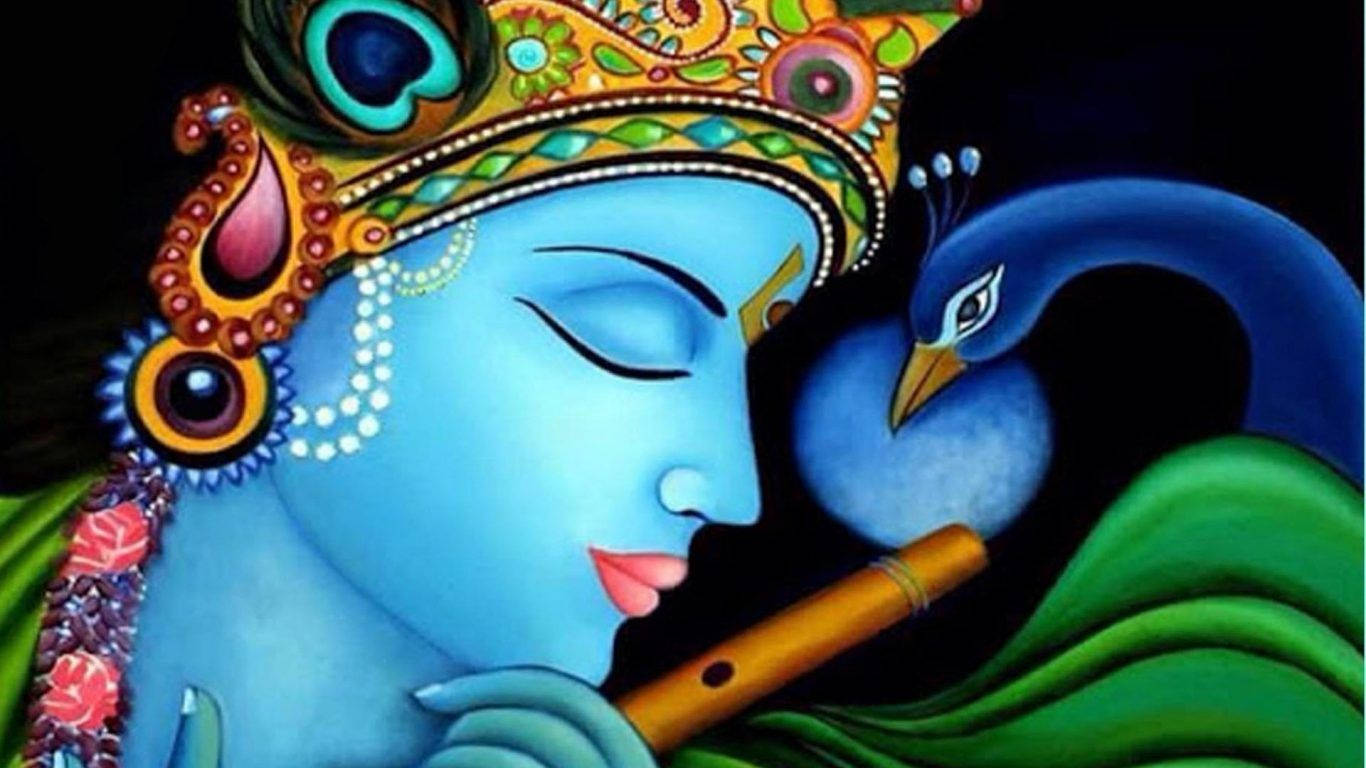 animated krishna 桌布 壁紙 — 一位寧靜的藍皮膚神祇，帶有孔雀和華麗的皇冠，在黑暗背景下吹奏長笛。
