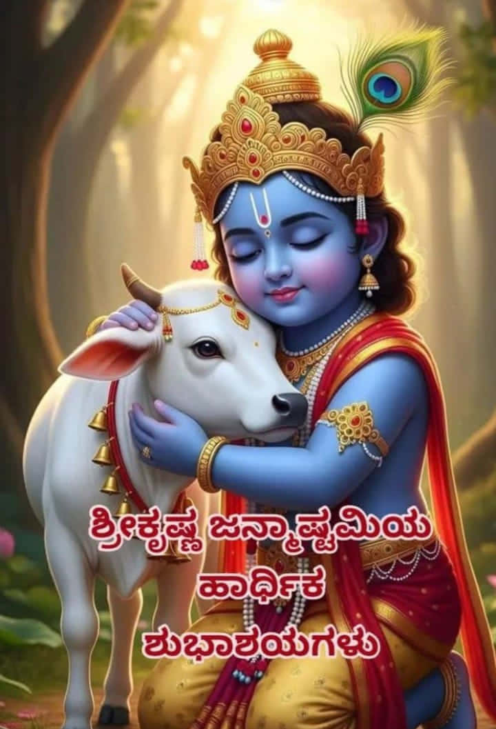 Krishna 壁紙 — 一位寧靜的藍皮膚神祇，戴著金色皇冠和孔雀羽毛，在陽光照耀的森林中溫柔地擁抱一隻掛著鈴鐺的白色小牛。
