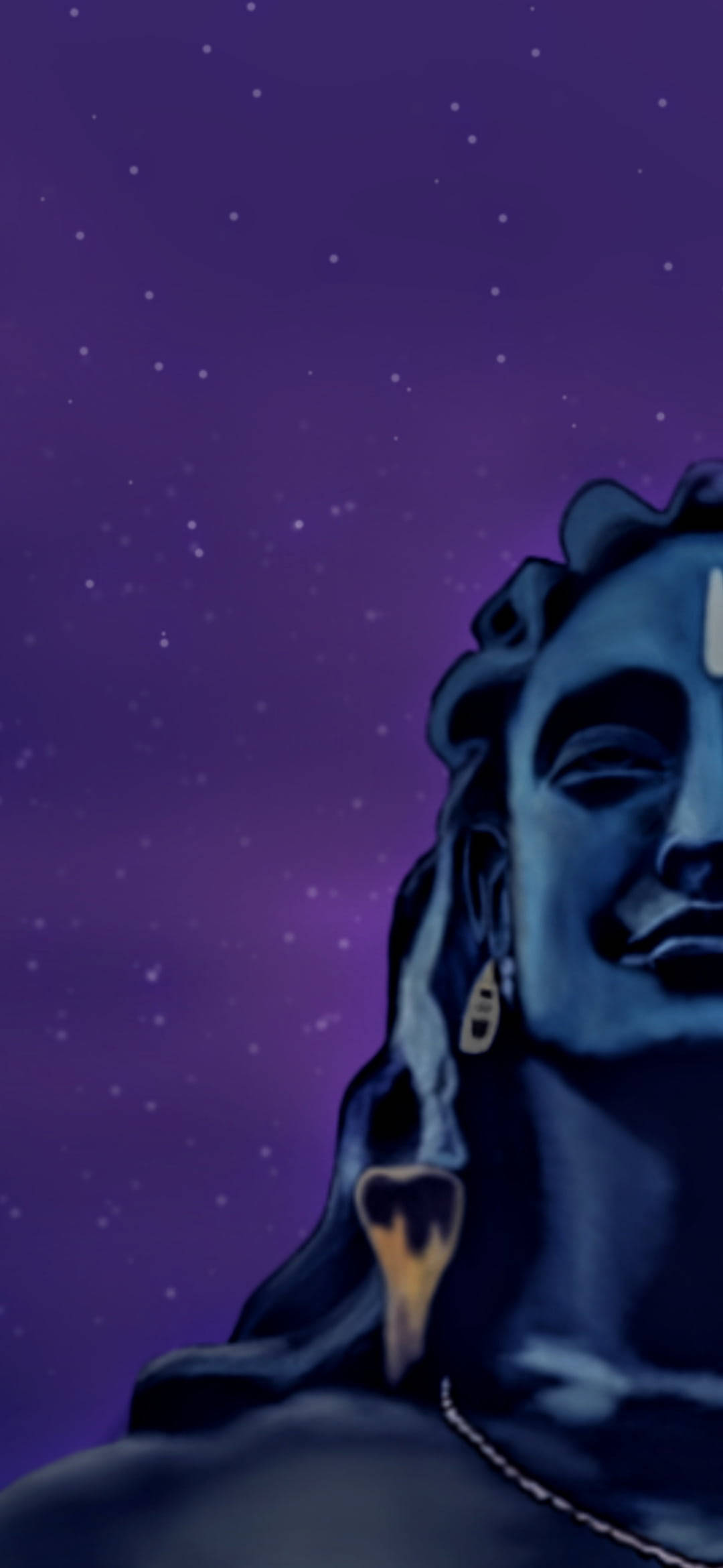 adiyogi shiva 桌布 壁紙 — 一位寧靜的藍皮膚神祇，閉著眼睛，飾有新月，仰望繁星點點的紫色夜空。