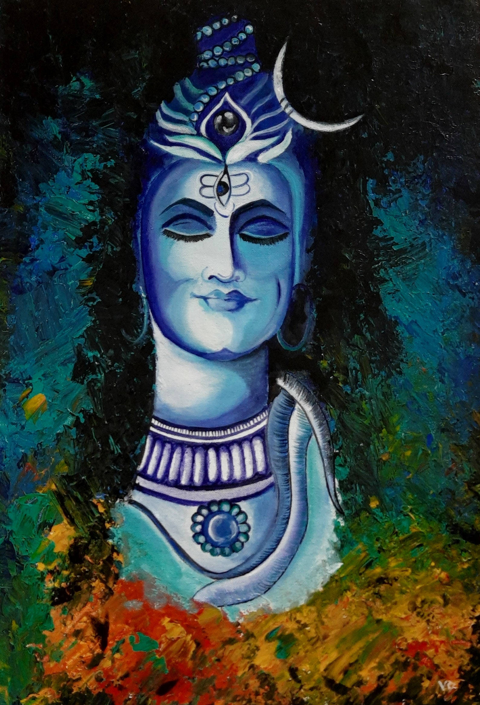 濕婆神 桌布 壁紙 — 一位寧靜的藍皮膚神祇，閉著眼睛，戴著新月冠冕，以富有表現力的油畫繪製在深色紋理背景上。