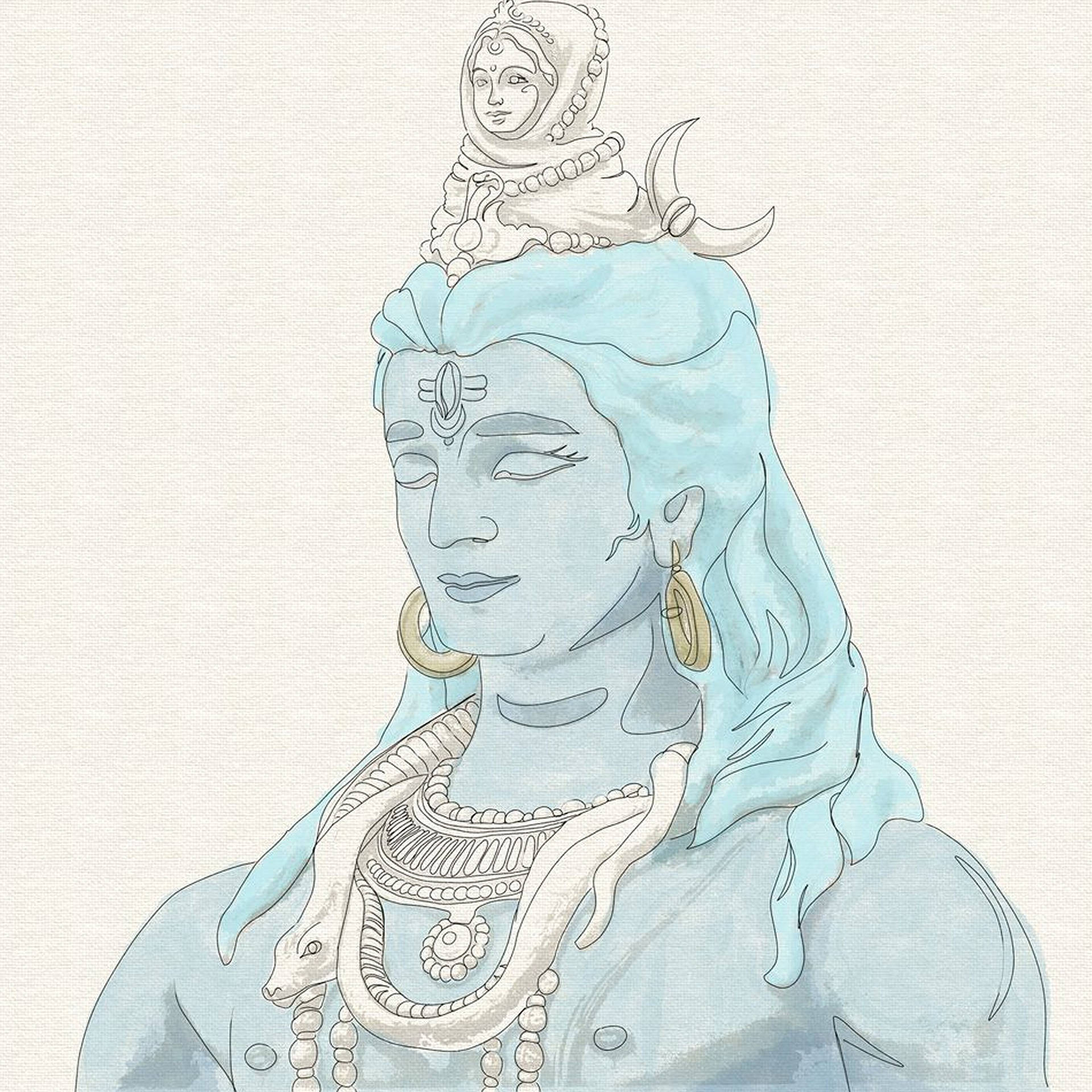 shiv shankar 桌布 壁紙 — 一位寧靜的藍皮膚神祇，閉著眼睛，飾有黃金首飾和新月皇冠，頭頂上有一個小雕像。