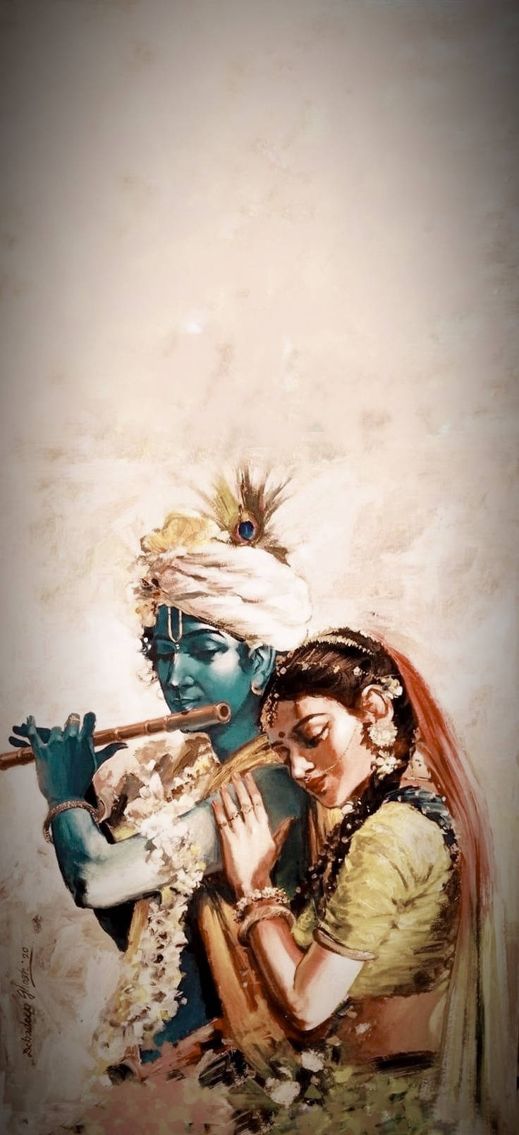 krishna iPhone 桌布 壁紙 — 一位寧靜的藍皮膚神祇吹奏長笛，一位穿著傳統服飾的女子閉著眼睛，在紋理米色背景前聆聽。