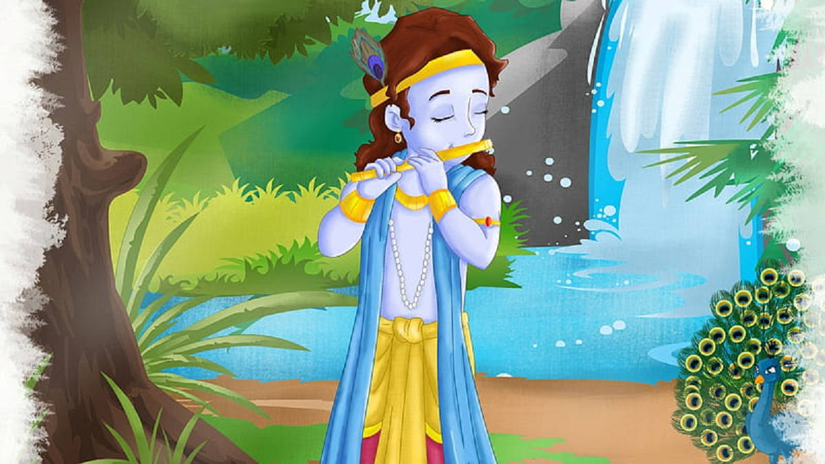 Little Krishna 桌布 壁紙 — 一位寧靜的藍皮膚神祇在瀑布旁吹奏長笛，附近有一隻孔雀，身處茂密的叢林中。