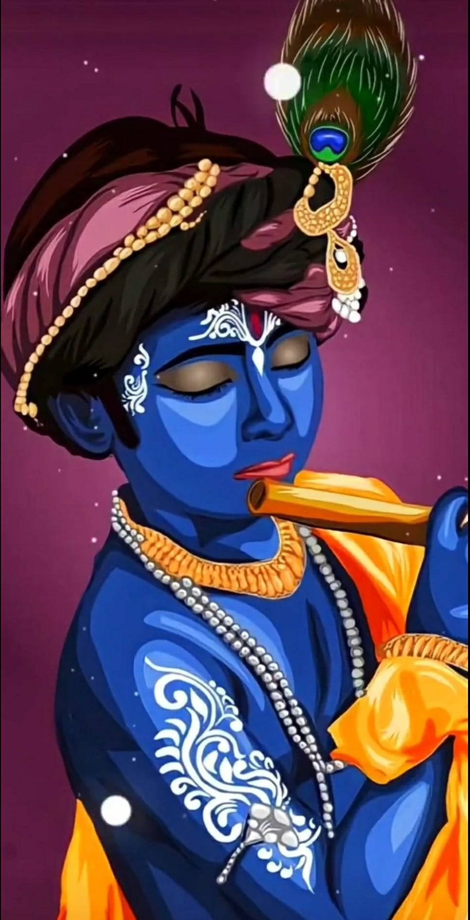 krishna iPhone 桌布 壁紙 — 一位寧靜的藍皮膚神祇閉著眼睛，在繁星點點的紫色背景下吹奏一支飾有孔雀羽毛的長笛。