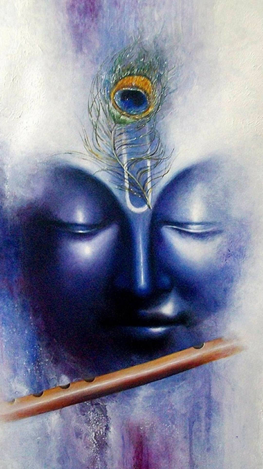 krishna 3d 桌布 壁紙 — 一位寧靜的藍面神祇，戴著孔雀羽毛冠冕，手持長笛，在平靜的冥想中休息。