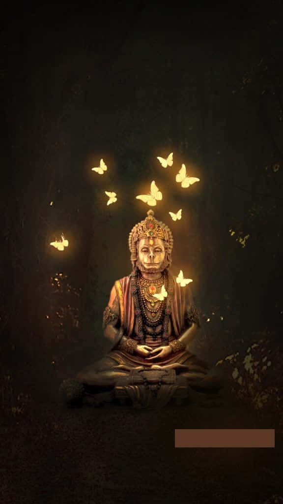 Butterflies 桌布 壁紙 — 一位寧靜的金色神祇在黑暗中冥想，周圍環繞著散發溫暖光芒的發光蝴蝶。