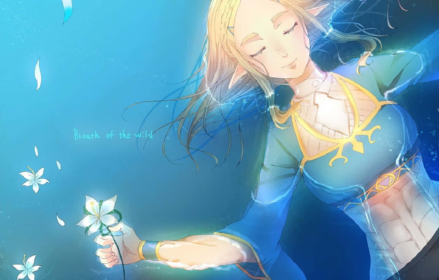 Breath Of The Wild 桌布 壁紙 — 一位寧靜的金髮動漫精靈在發光的藍色水景中，輕輕地拿著一朵白色的花，周圍有飄浮的花瓣。