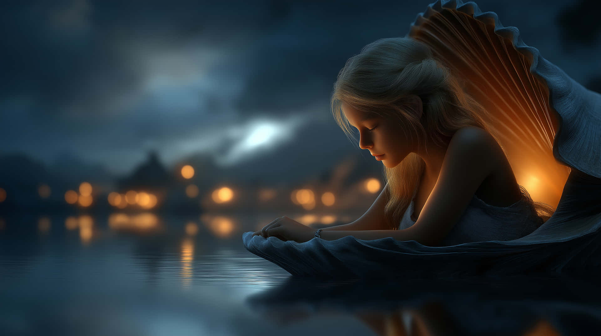 Young Woman in Seashell by Water at Dusk with Bokeh Lights 壁紙 — 一位寧靜的金髮女子，背上有發光的貝殼，在陰鬱的夜空下，遠處有城市燈光，躺在水上休息。