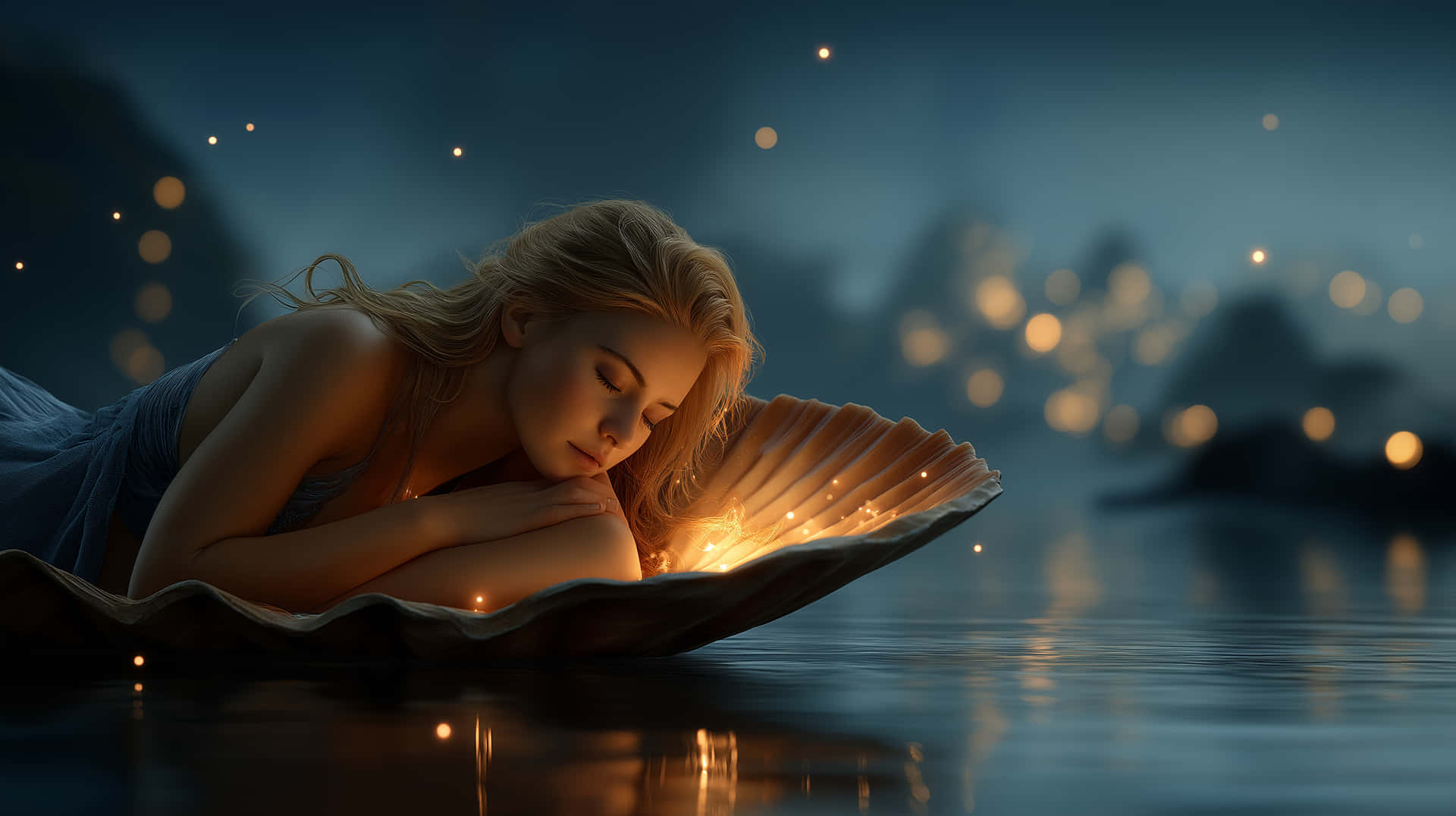 Dreamlike Young Woman Sleeping in Seashell on Calm Water 壁紙 — 一位寧靜的金髮女郎將頭靠在一個發光的貝殼上，貝殼漂浮在平靜的水面上，背景是繁星點點的夜空。