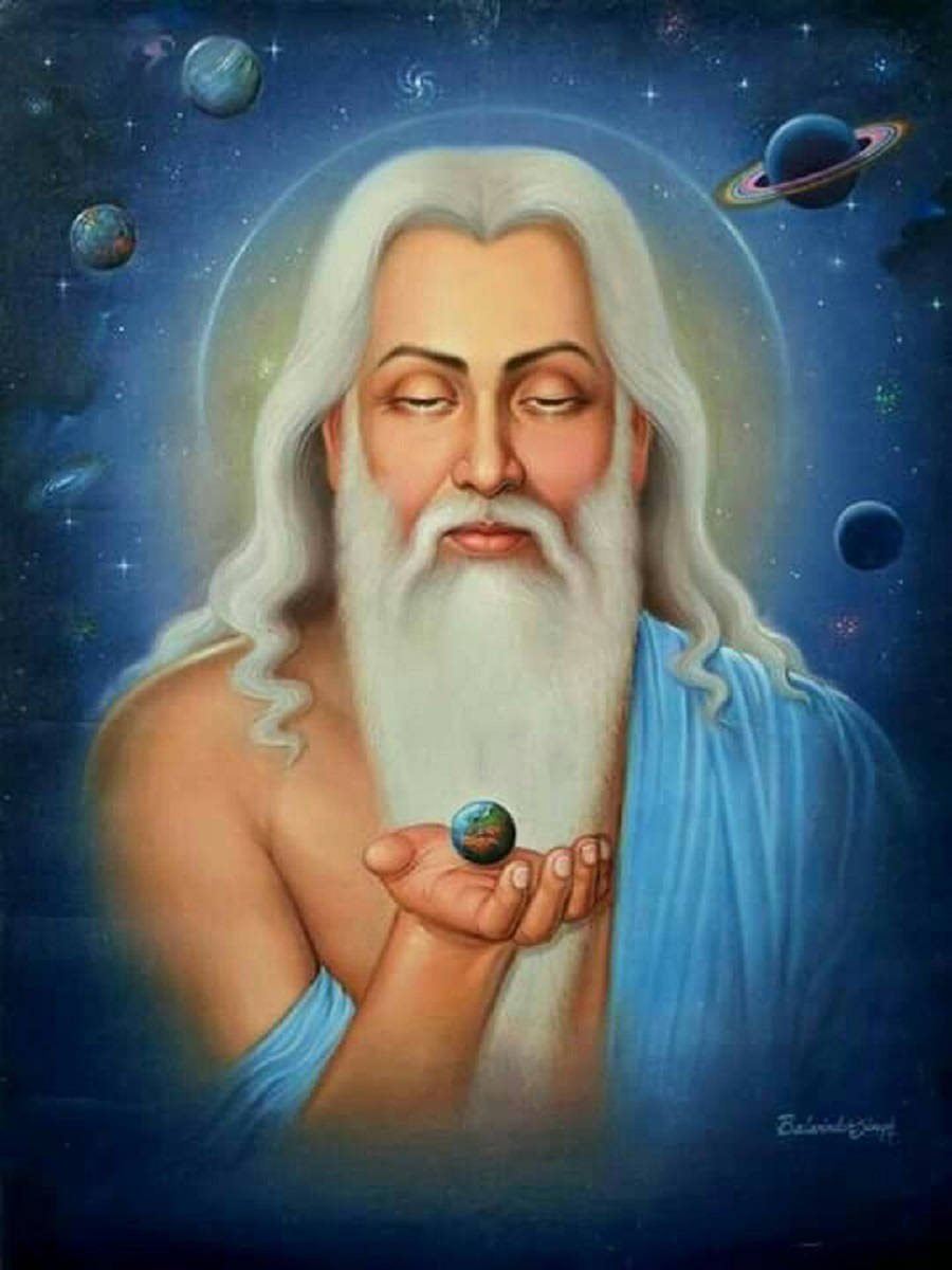 guru nanak dev ji 桌布 壁紙 — 一位寧靜的鬍鬚智者閉著眼睛，在星星和行星的宇宙背景下，手掌中托著一個微型地球。
