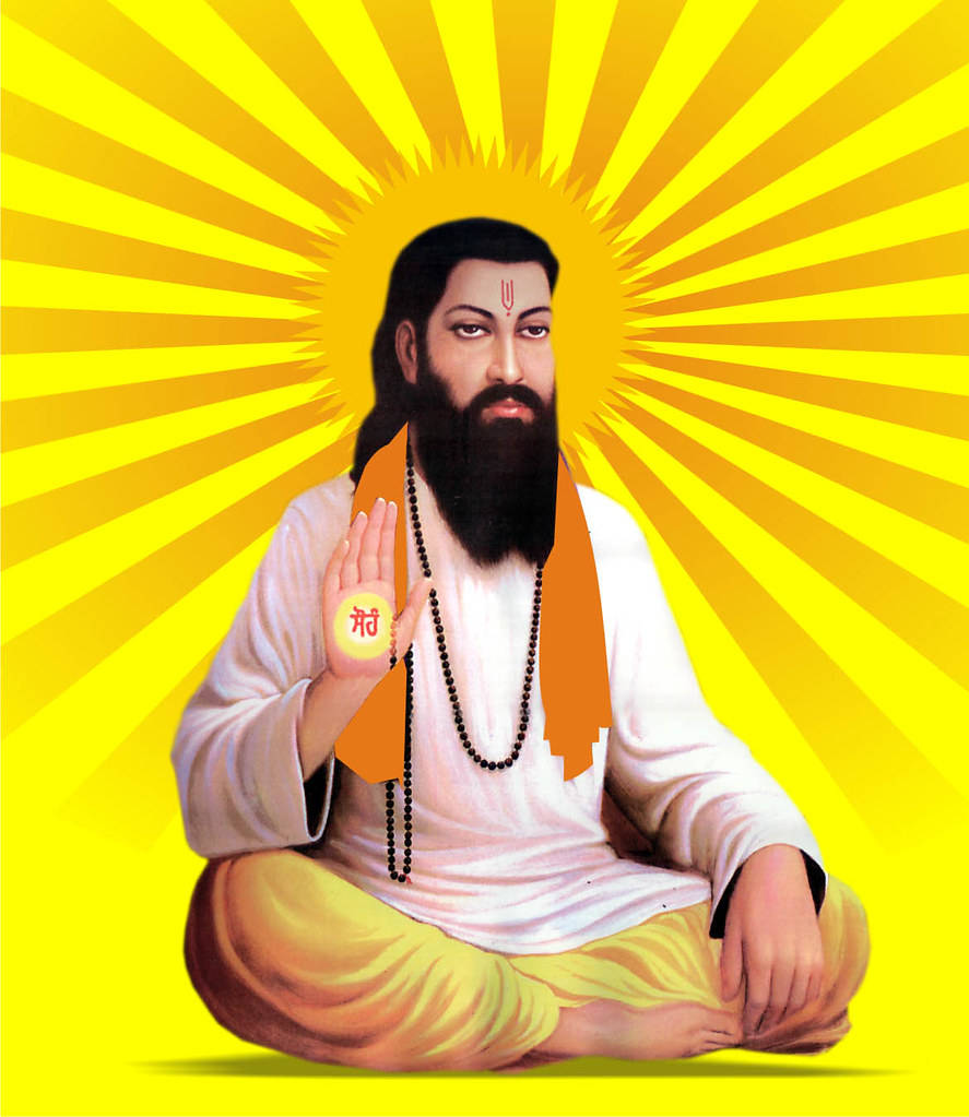 Indian 桌布 壁紙 — 一位寧靜的鬍鬚男子身穿白袍盤腿而坐，身後有燦爛的黃色太陽光芒，手掌上有神聖符號。