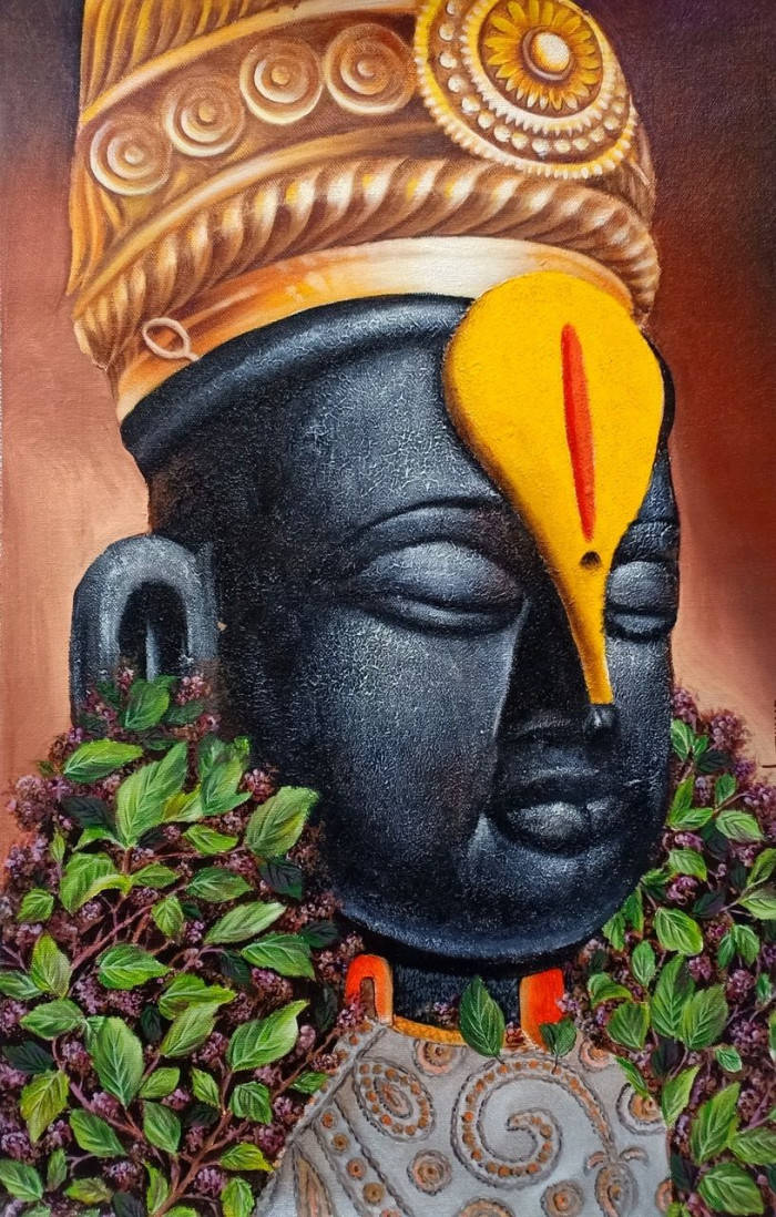 Indian 桌布 壁紙 — 一位寧靜的黑皮膚神祇，頭戴金色皇冠和蒂拉克，周圍環繞著茂密的綠色樹葉和紫色花朵。