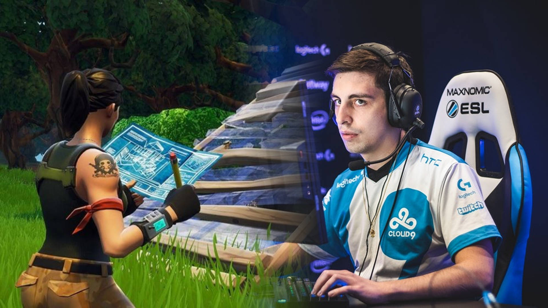 Shroud 桌布 壁紙 — 一位專業電競選手坐在品牌椅上，旁邊有一位拿著藍圖的女性遊戲角色，正在激烈地玩Fortnite。