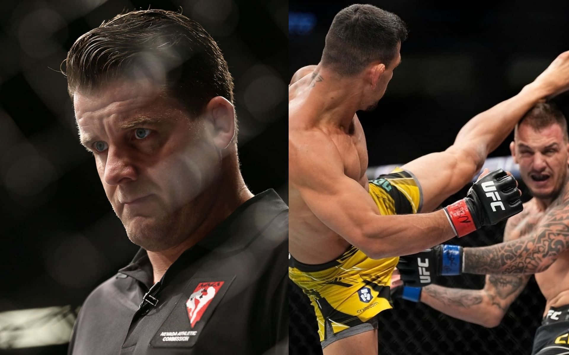 運動 桌布 壁紙 — 一位專注的UFC裁判專注地看著兩名拳手在八角籠中交鋒，其中一人踢出強力一腳。