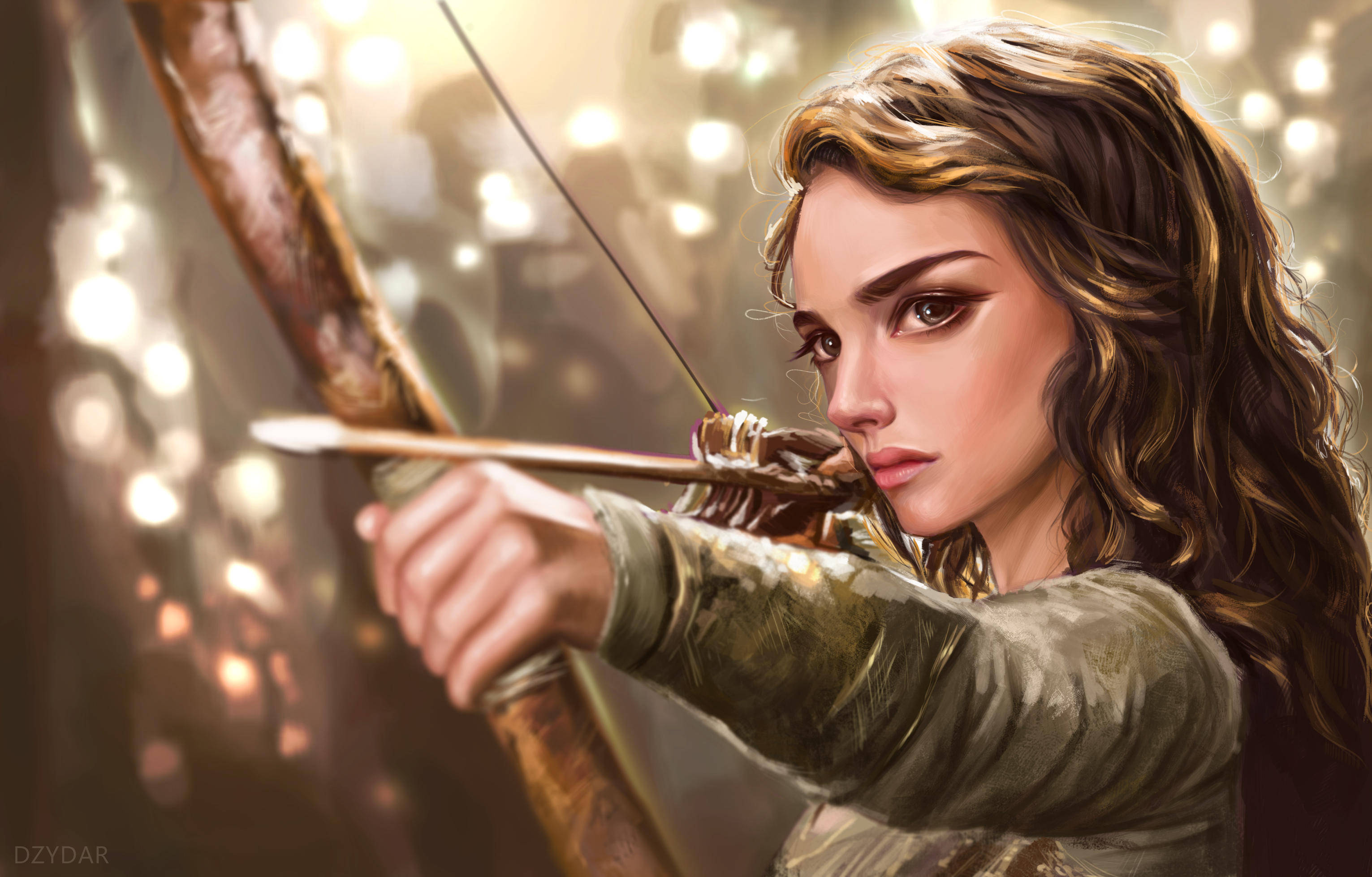 Archery 桌布 壁紙 — 一位專注的女弓箭手在金色光芒的散景背景下拉弓。
