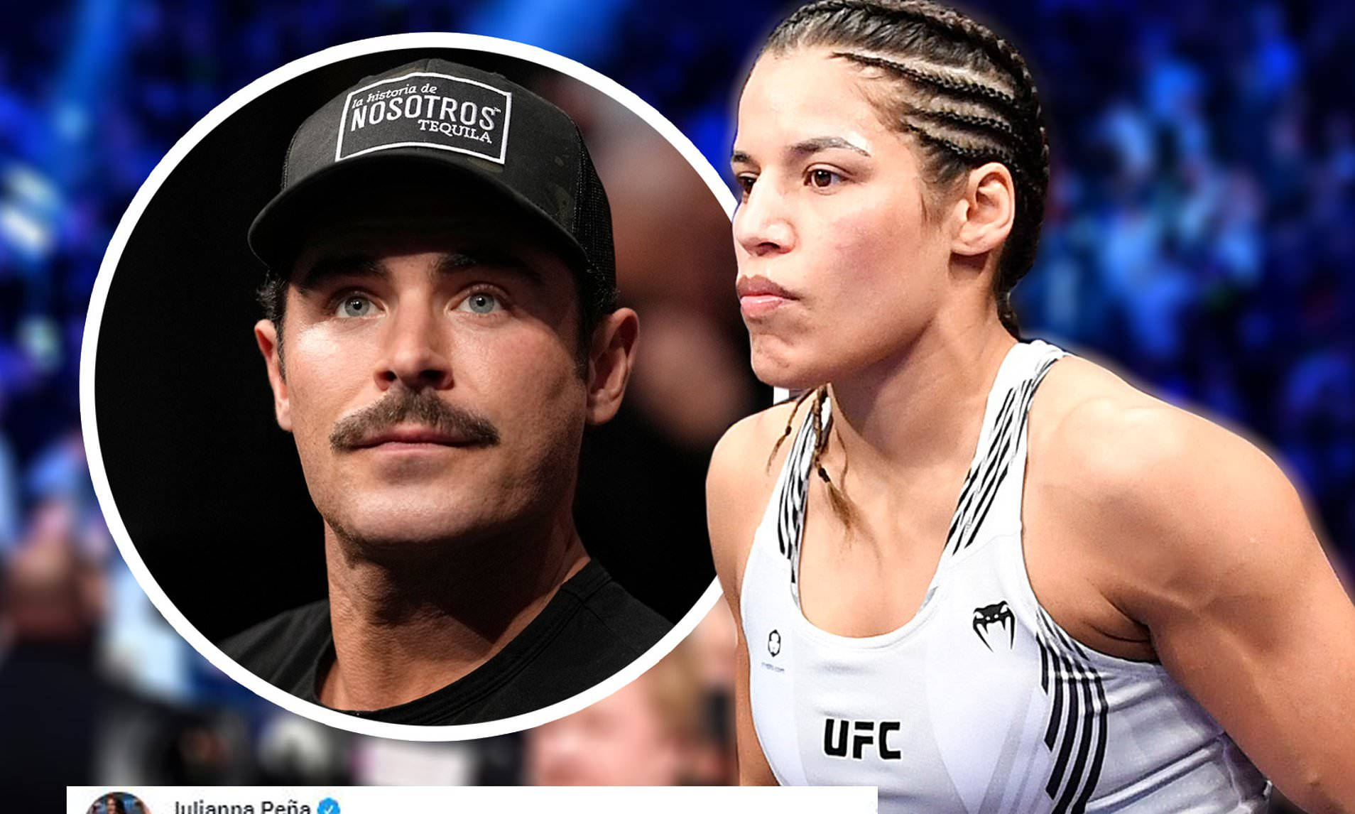 運動 桌布 壁紙 — 一位專注的女性UFC拳手身穿白色裝備，站在一個圓形嵌入圖像旁，圖中是一名戴著品牌帽子的男子，背景是模糊的藍色競技場。