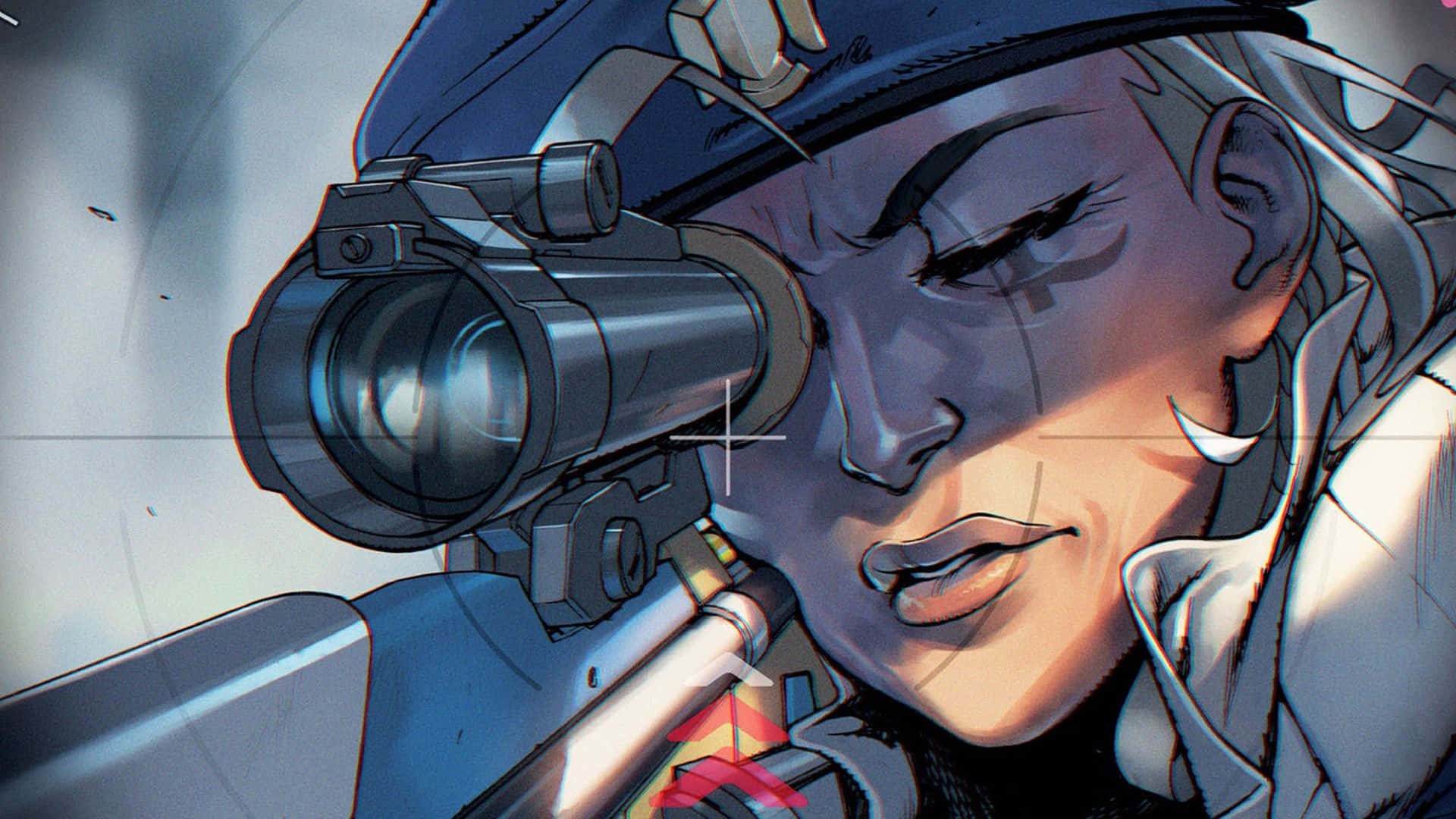 Overwatch Ana 桌布 壁紙 — 一位專注的女狙擊手戴著藍色帽子，透過步槍瞄準鏡凝視，十字準星對準她的眼睛。