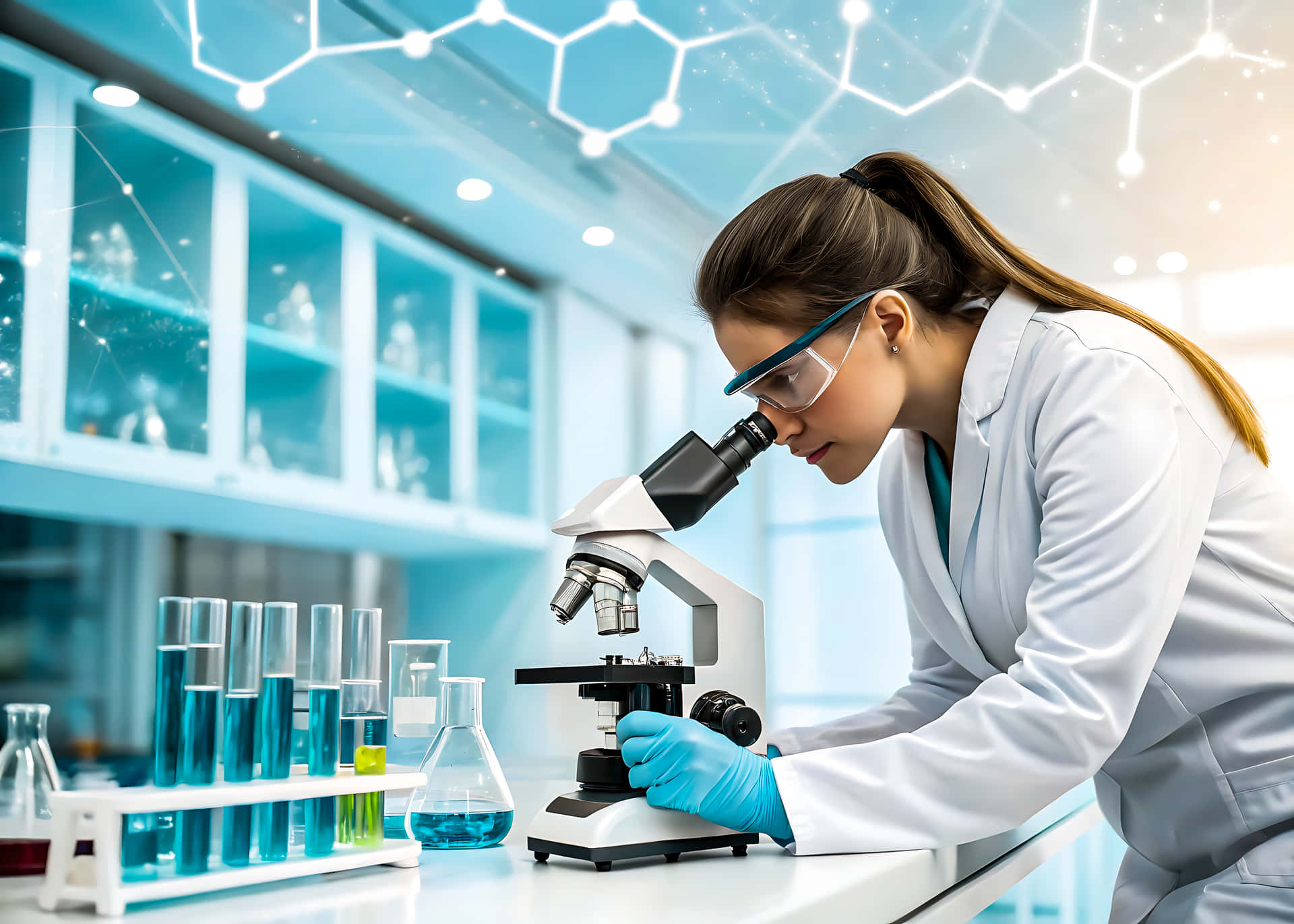 Scientist using microscope 壁紙 — 一位專注的女科學家穿著實驗室外套和手套，透過顯微鏡觀察，周圍環繞著藍色化學試管和發光的分子圖形。