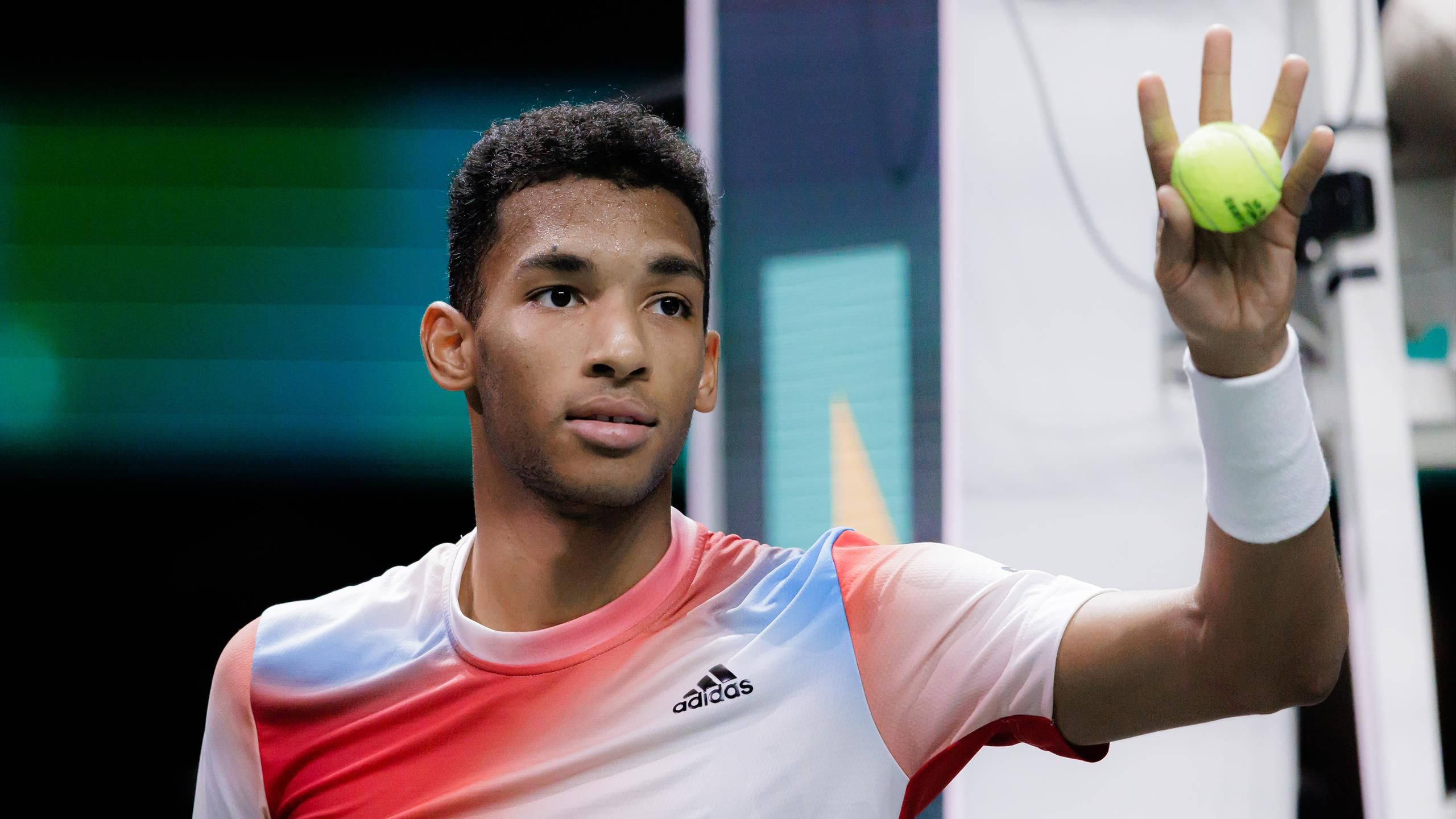 felix auger aliassime 桌布 壁紙 — 一位專注的年輕男網球選手在模糊的室內球場背景下，右手高舉一顆亮黃色的網球。