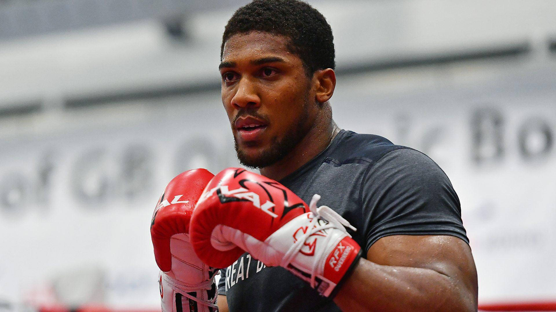 Anthony Joshua 桌布 壁紙 — 一位專注的拳擊手戴著紅色手套，在背景標誌模糊的健身房中激烈訓練。