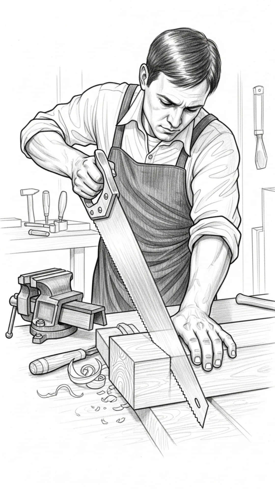 Wood Cutter Pencil Sketch, Rugged Man with Axe in Forest 壁紙 — 一位專注的木匠穿著圍裙，在詳細的鉛筆素描工坊中小心地鋸木塊。