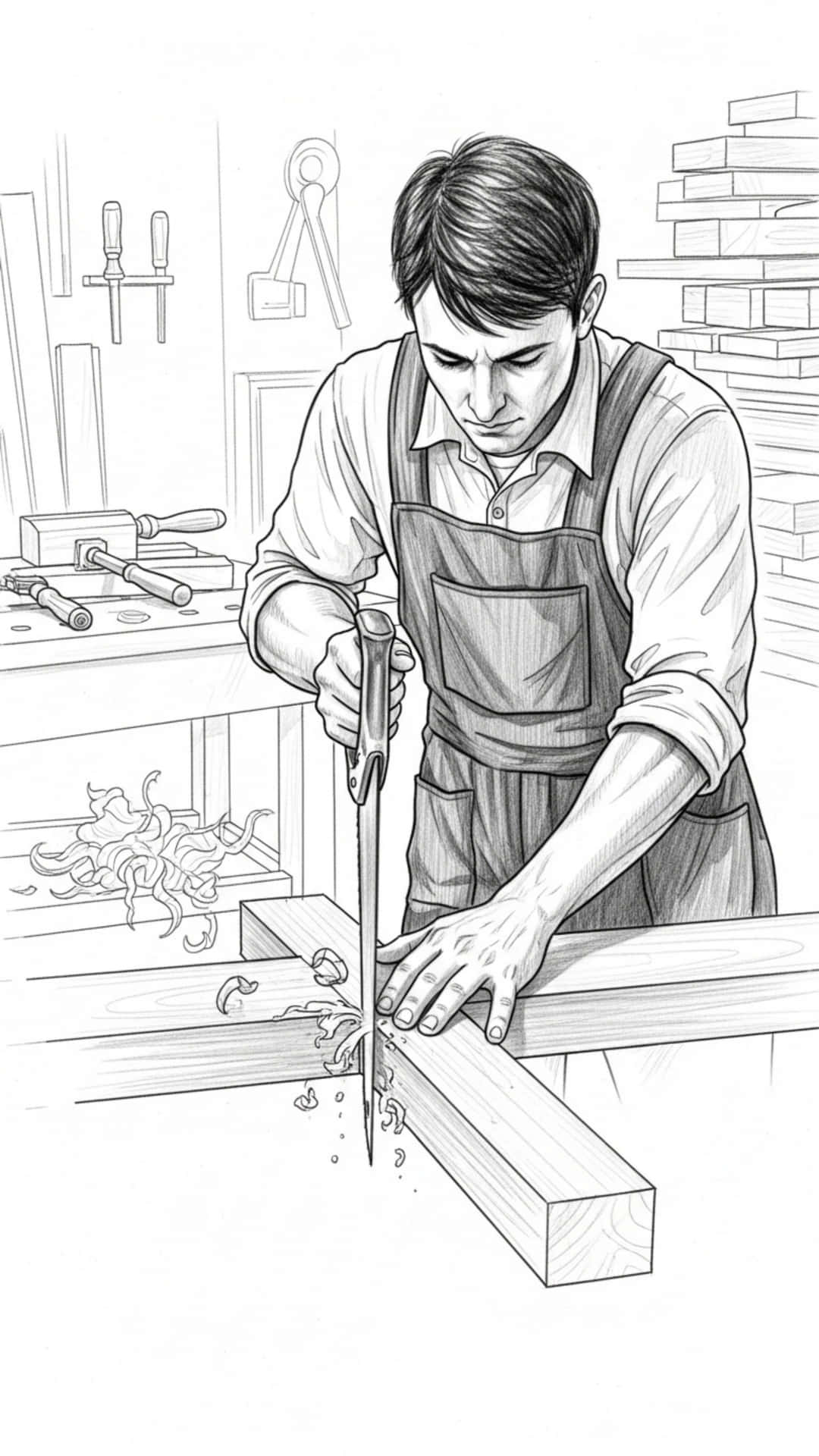 Wood Cutter Pencil Sketch, Rugged Man with Axe in Forest 壁紙 — 一位專注的木匠穿著工裝褲，在細節豐富的工作室中用鑿子在木板上雕刻複雜的細節。