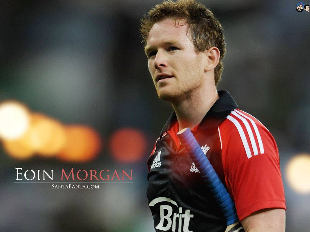 eoin morgan 桌布 壁紙 — 一位專注的板球運動員身穿紅黑球衣，在模糊的球場背景和溫暖的散景燈光中握著球棒。
