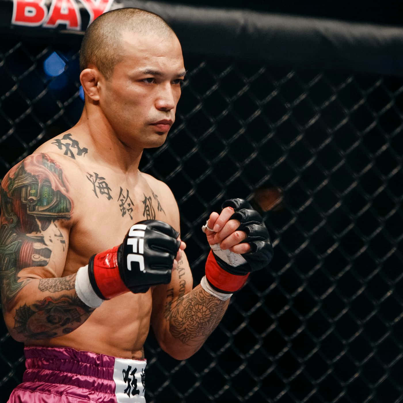UFC 桌布 壁紙 — 一位專注的混合武術家，帶有刺青和紅色手套，準備好站在UFC八角籠內。