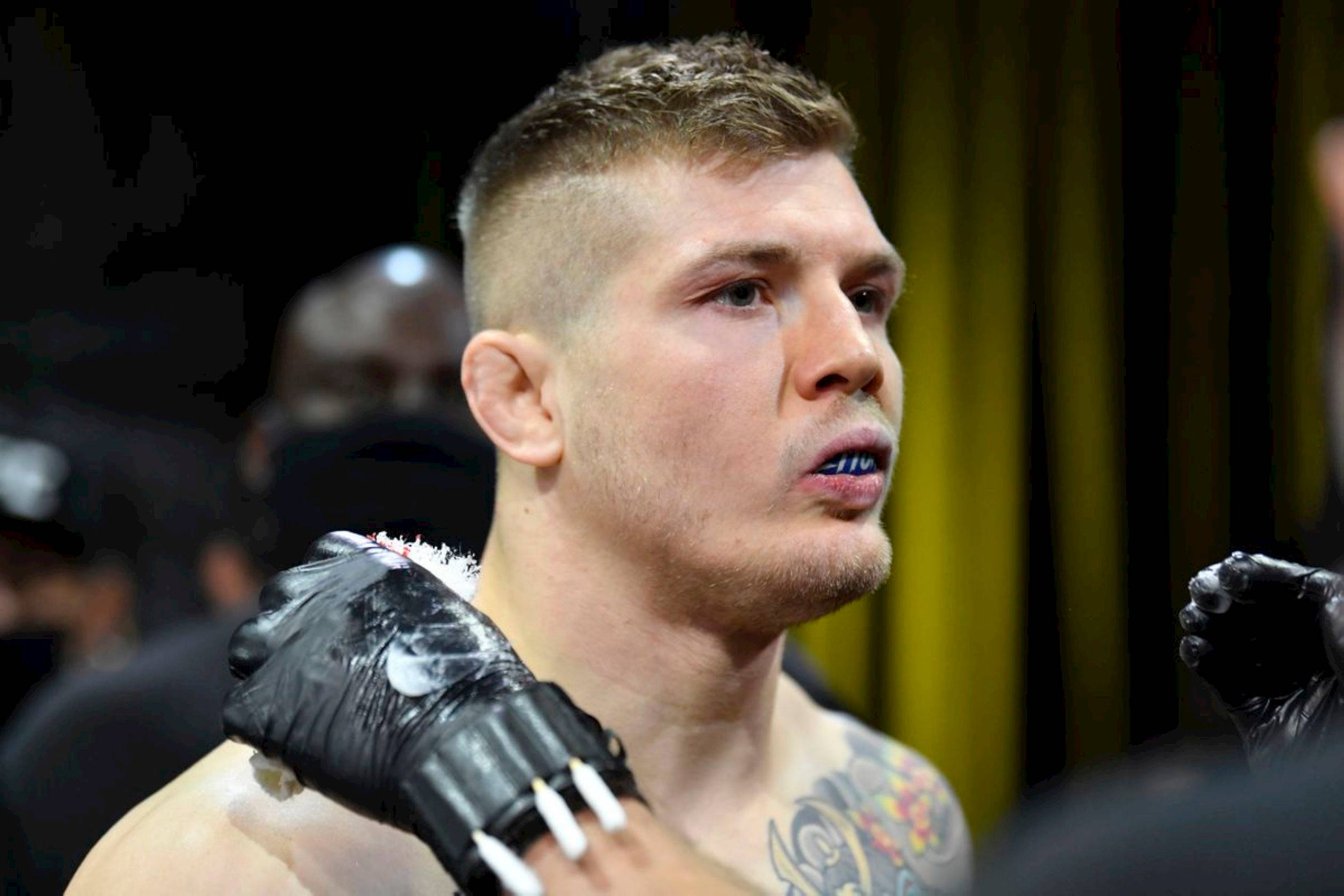 UFC 桌布 壁紙 — 一位專注的混合武術家，身上有刺青，戴著黑色手套，在明亮的競技場燈光下，於比賽前凝視前方。