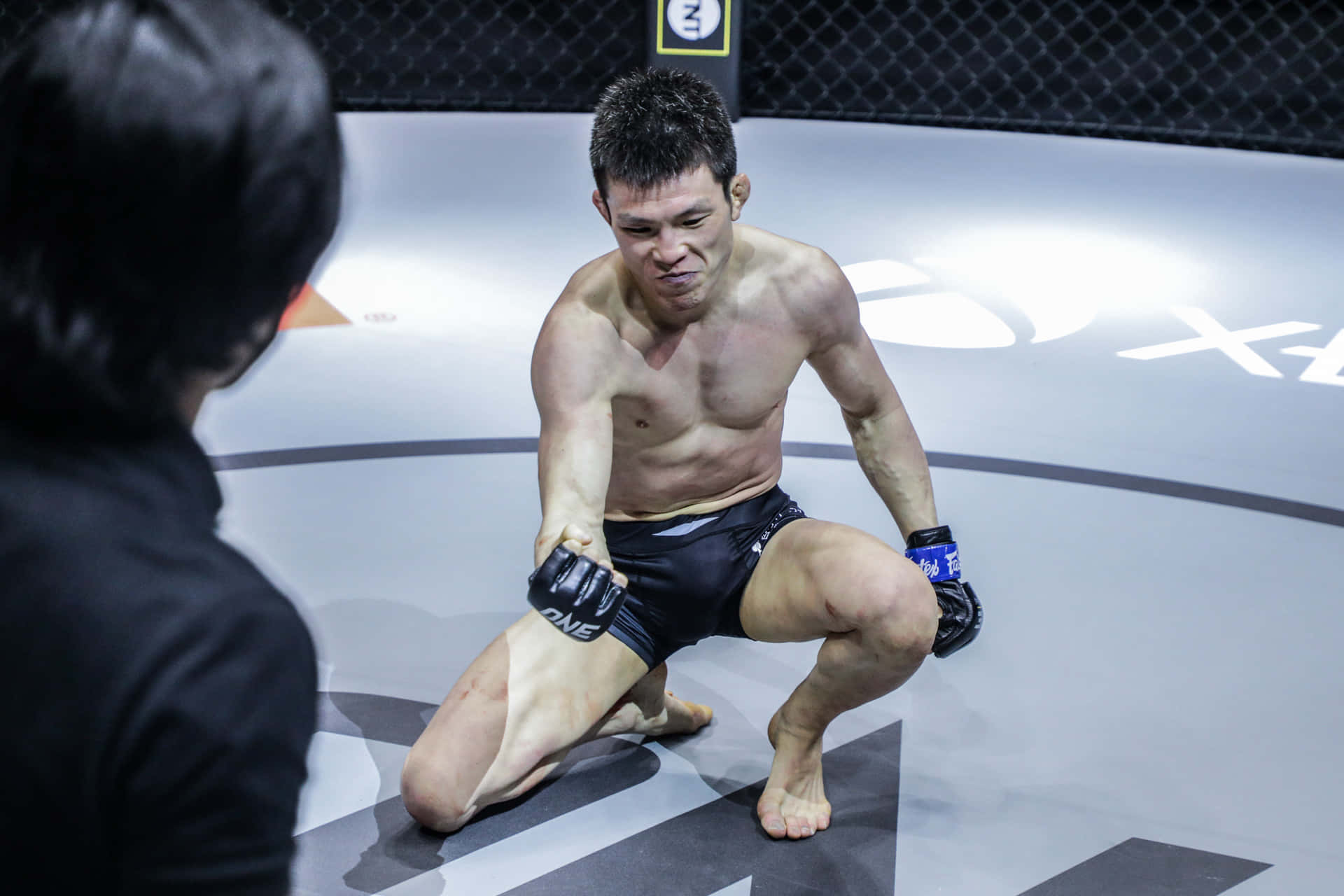 martial arts 桌布 壁紙 — 一位專注的混合武術家在他的教練陪同下，在比賽前一刻跪在一個有品牌標誌的八角形墊子上。