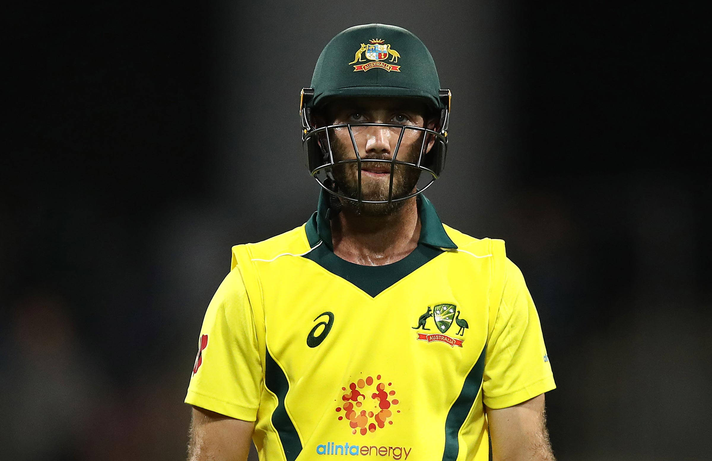 australia cricket 桌布 壁紙 — 一位專注的澳洲板球運動員，身穿黃色球衣和綠色頭盔，站在昏暗模糊的體育場背景前。