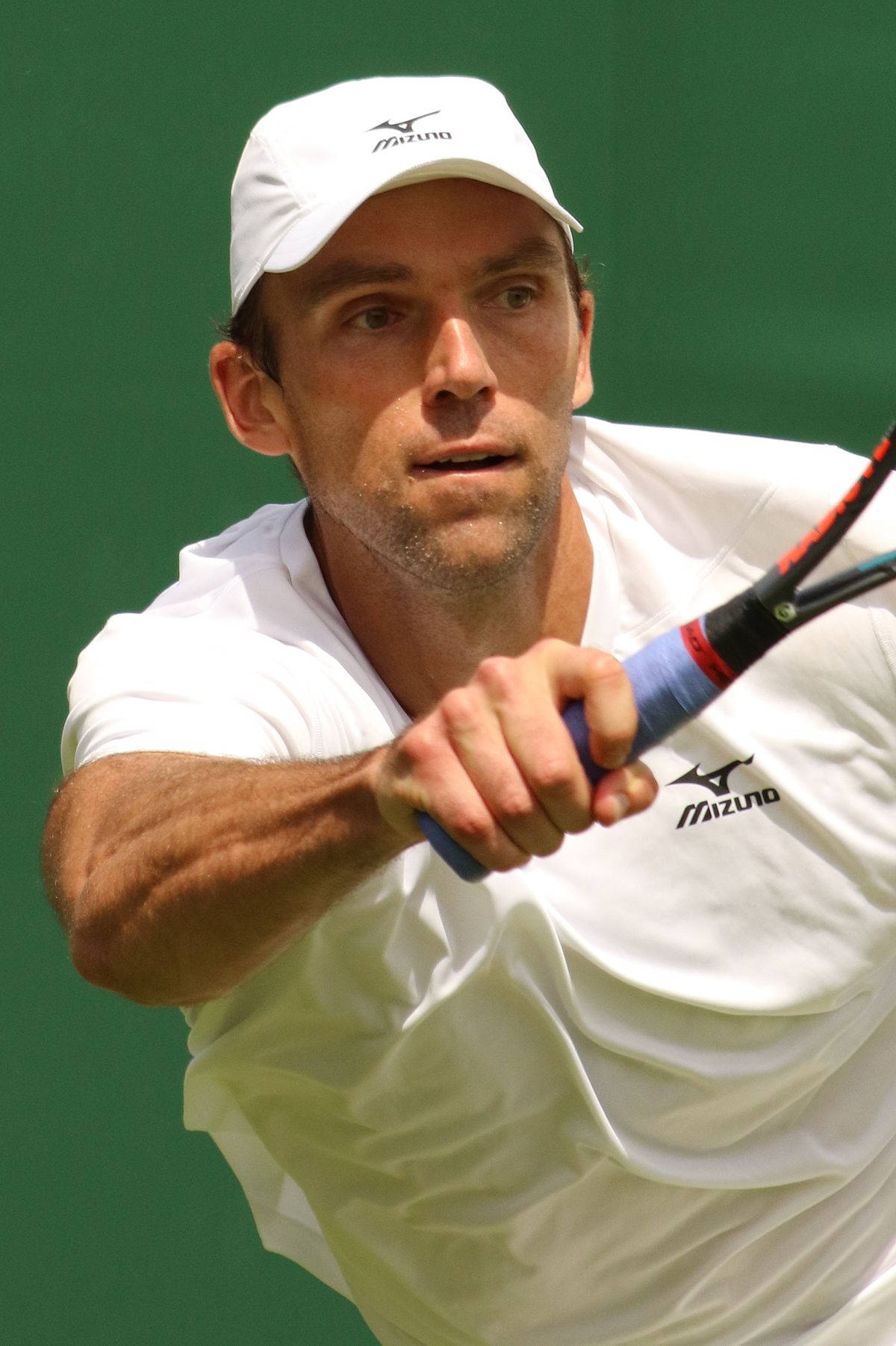Tennis 桌布 壁紙 — 一位專注的男性網球選手穿著白色裝備，在綠色球場背景下揮拍。