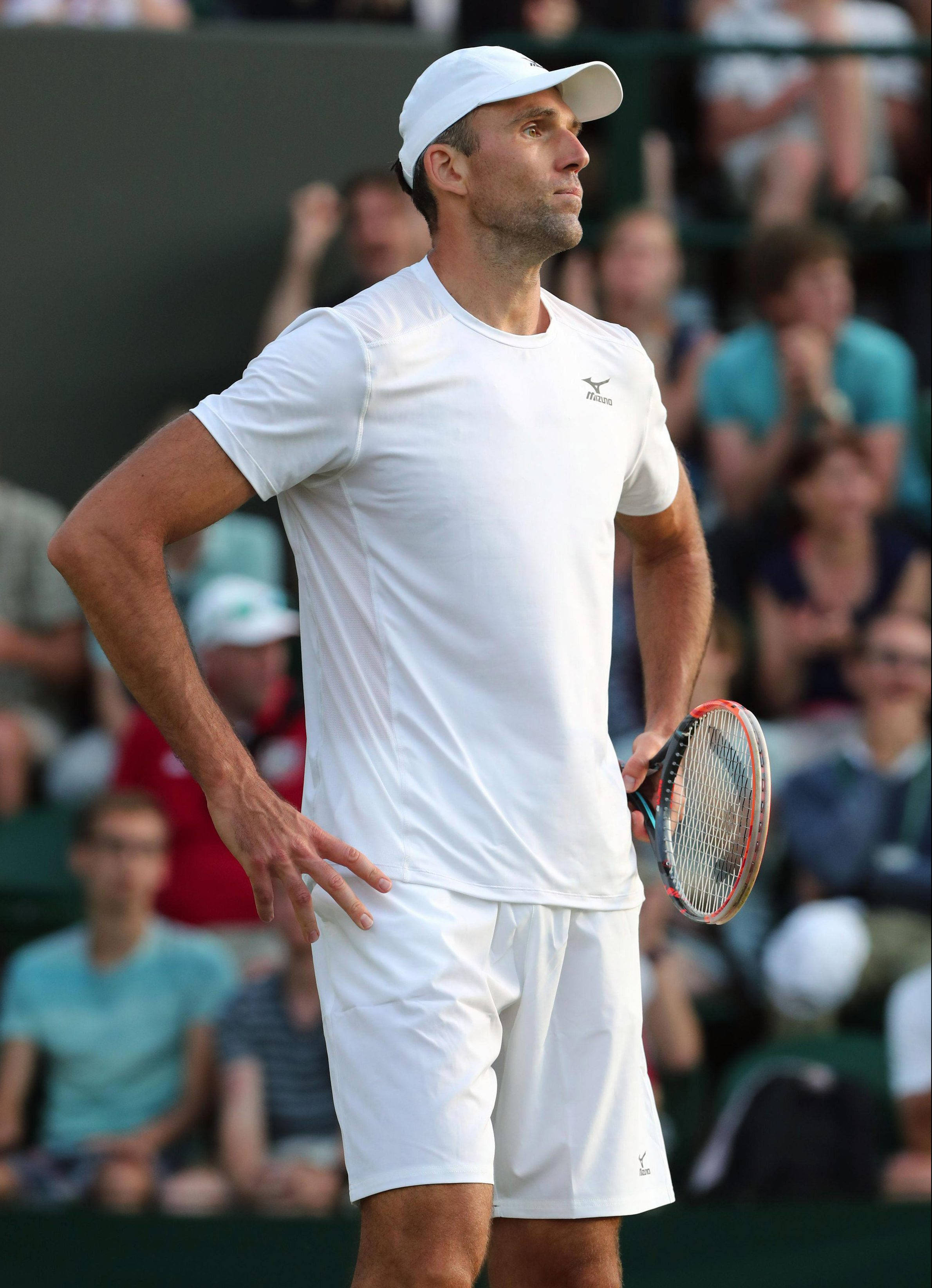 Tennis 桌布 壁紙 — 一位專注的男性網球選手身穿白色裝備，站在草地場上手持球拍，背景觀眾模糊。