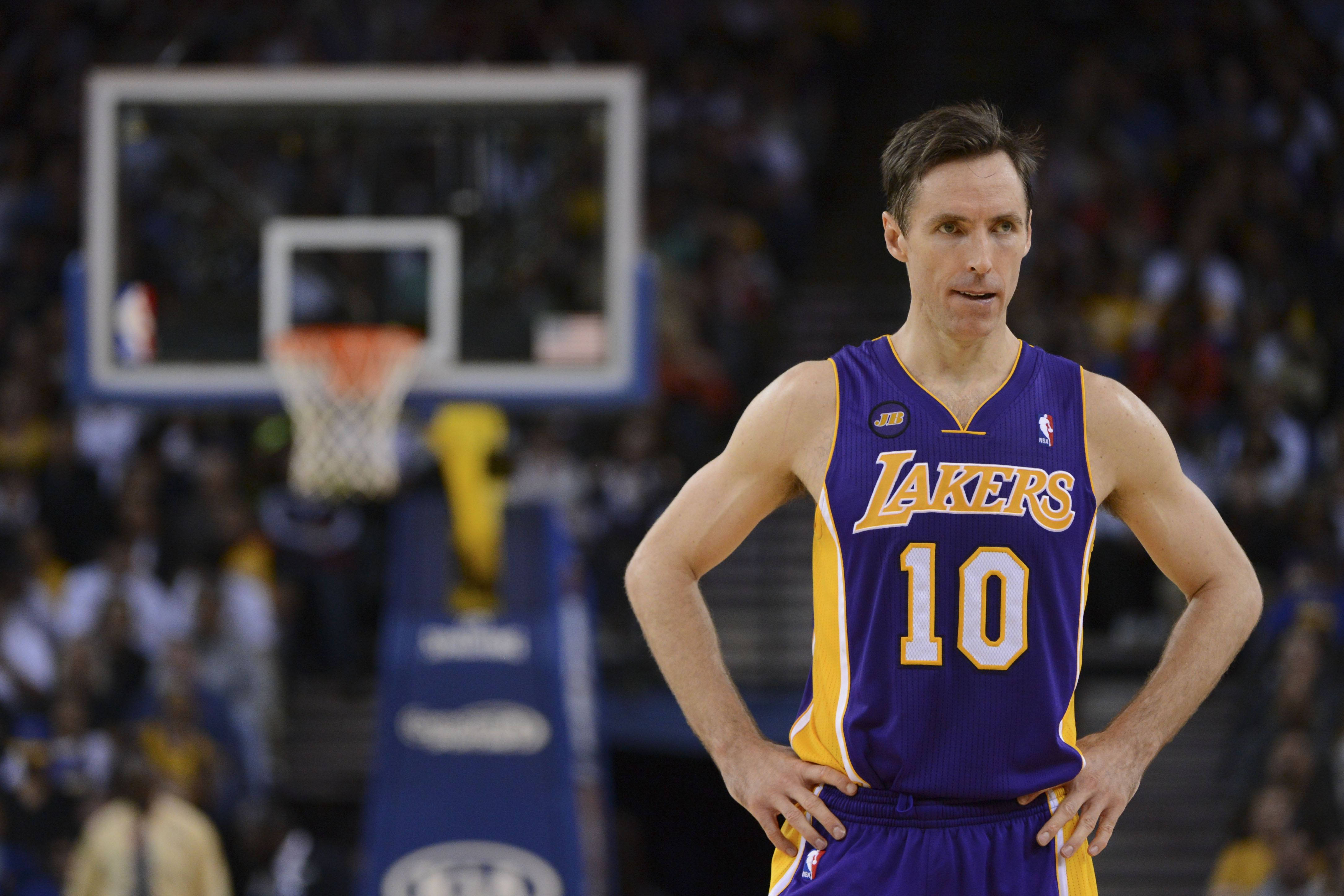 NBA 桌布 壁紙 — 一位專注的籃球運動員穿著紫色湖人隊球衣，雙手叉腰站在燈光明亮的球場上。