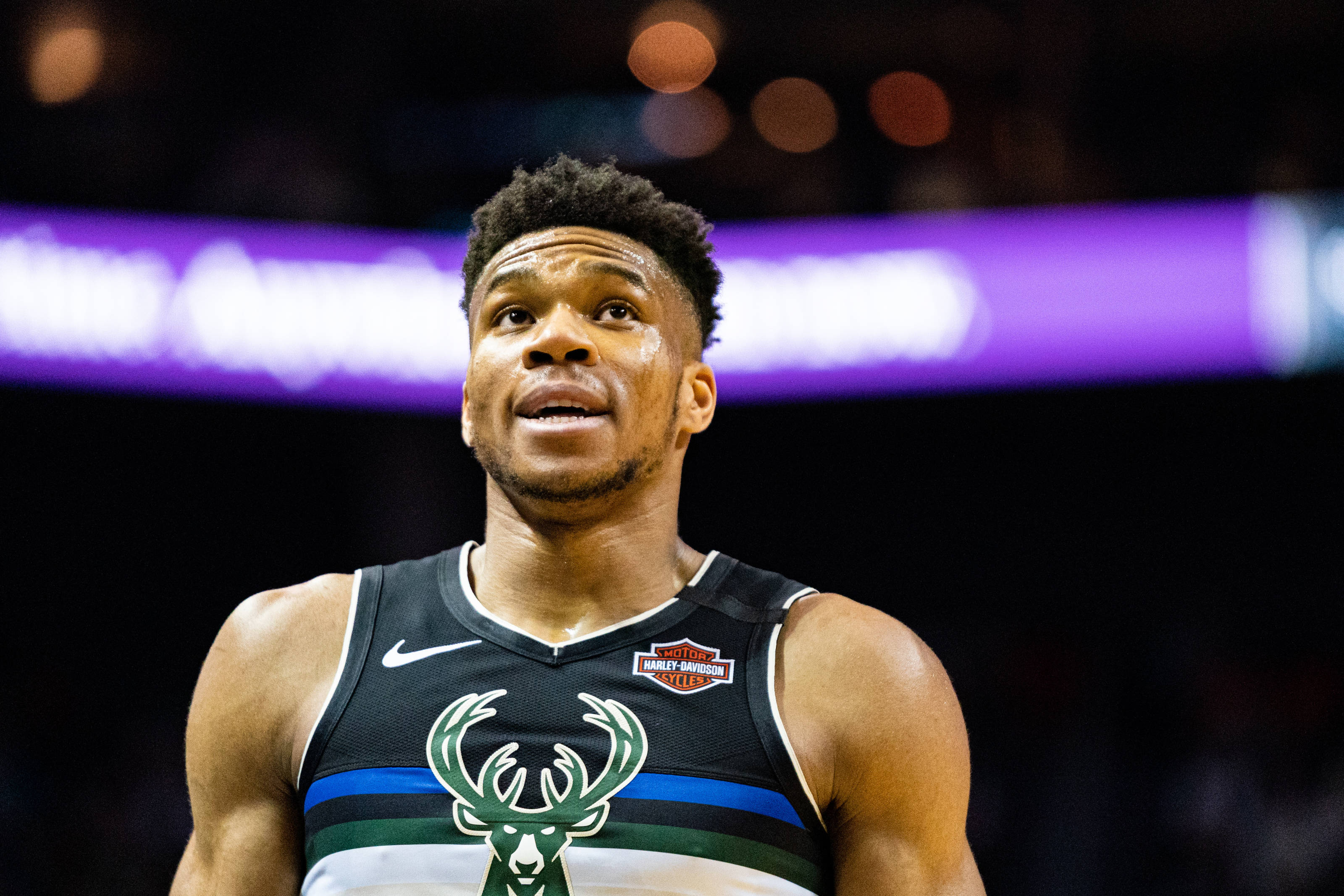 Giannis 桌布 壁紙 — 一位專注的籃球運動員身穿密爾瓦基公鹿隊球衣，在明亮的場館燈光下於激烈的比賽中向上看。
