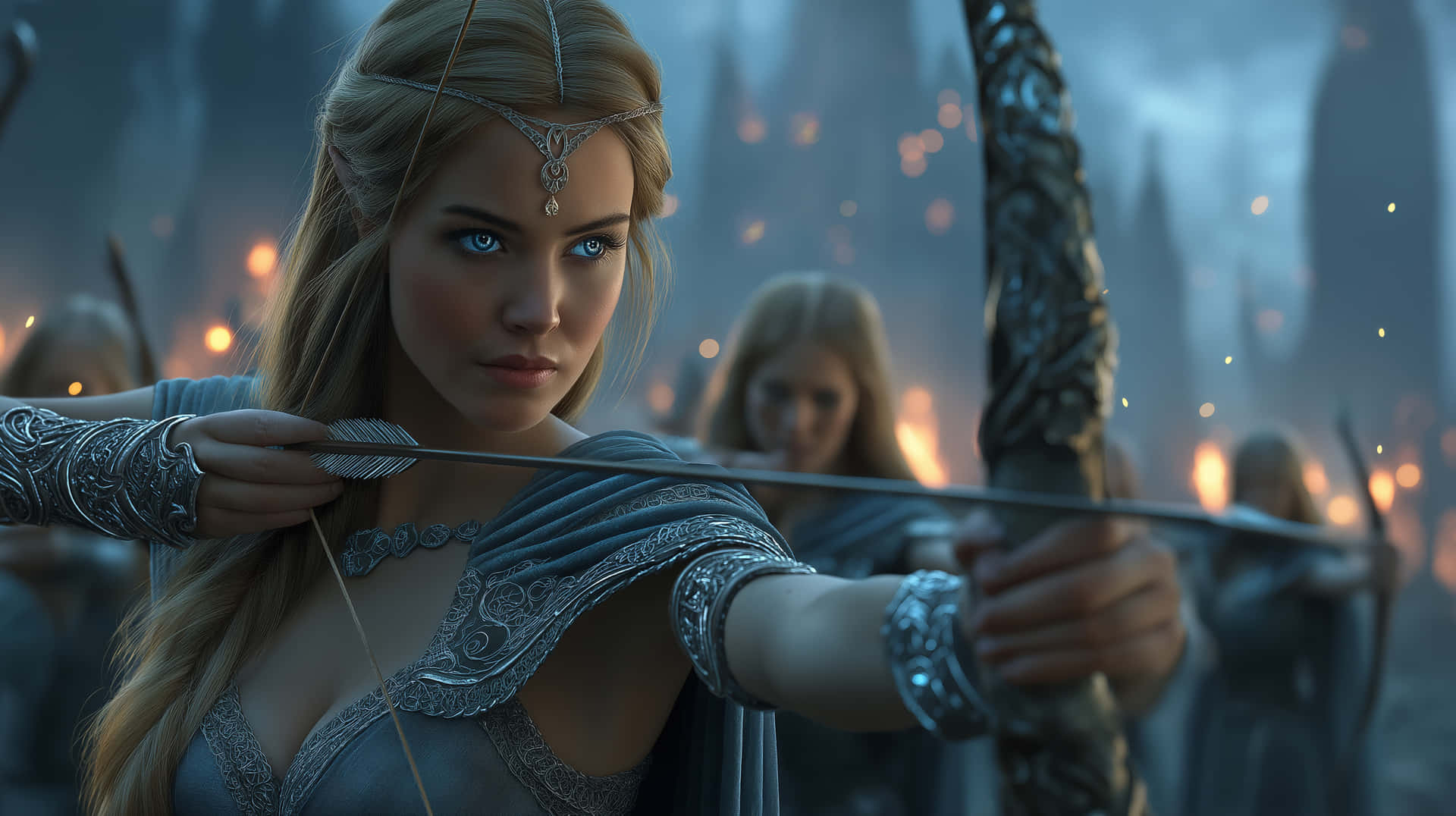 Regal Archer: Fantasy Heroine with Focused Gaze 壁紙 — 一位專注的精靈弓箭手，藍眼睛，銀色盔甲，在霧氣瀰漫的戰場上拉弓，遠處的火光映照著她。