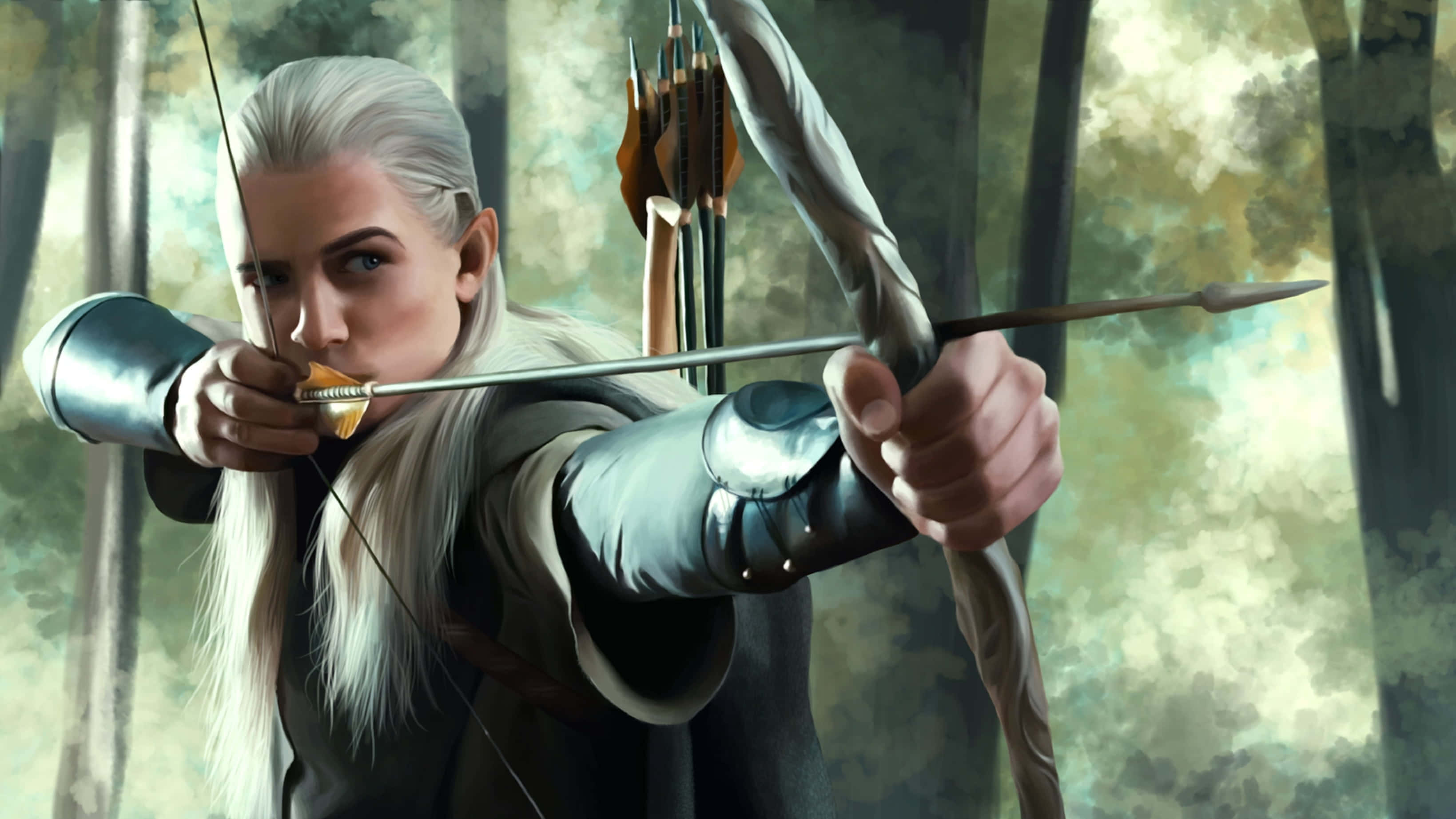 legolas 桌布 壁紙 — 一位專注的精靈弓箭手，銀色頭髮，在迷霧森林中拉弓，背上箭袋裝滿箭矢。