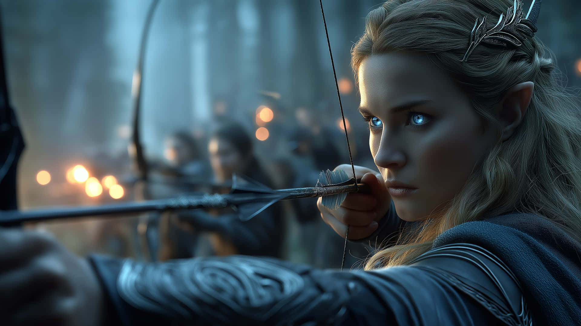 Focused Guardian: Vigilant Archer in Fantasy Realm 壁紙 — 一位專注的精靈弓箭手，閃爍著藍色光芒的眼睛，在迷霧森林中拉弓，身後站著模糊的持火炬戰士。