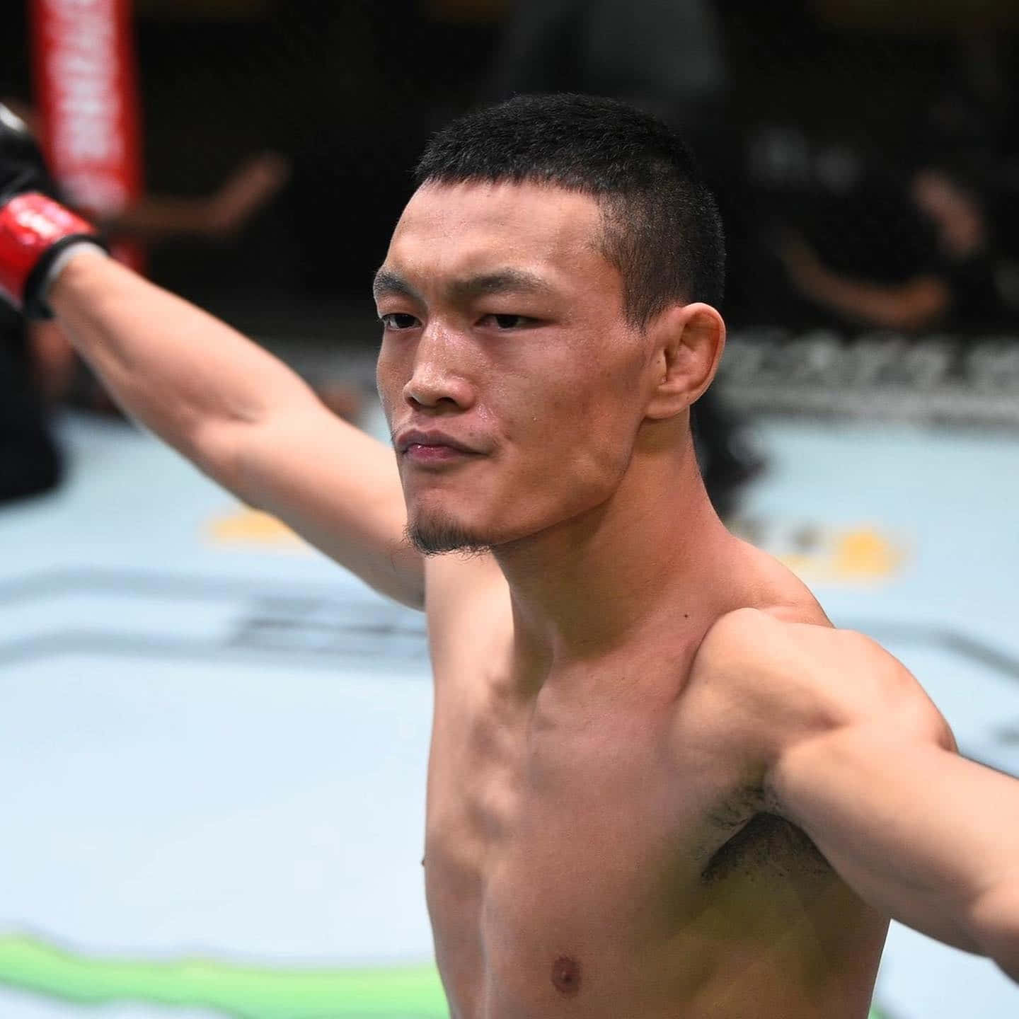 UFC 桌布 壁紙 — 一位專注的綜合格鬥家在燈光明亮的八角籠內舉起戴著手套的拳頭慶祝勝利。