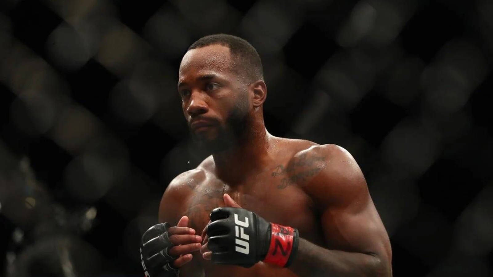MMA 桌布 壁紙 — 一位專注的綜合格鬥選手戴著UFC手套，站在八角籠內，背景是模糊的鐵絲網圍欄。
