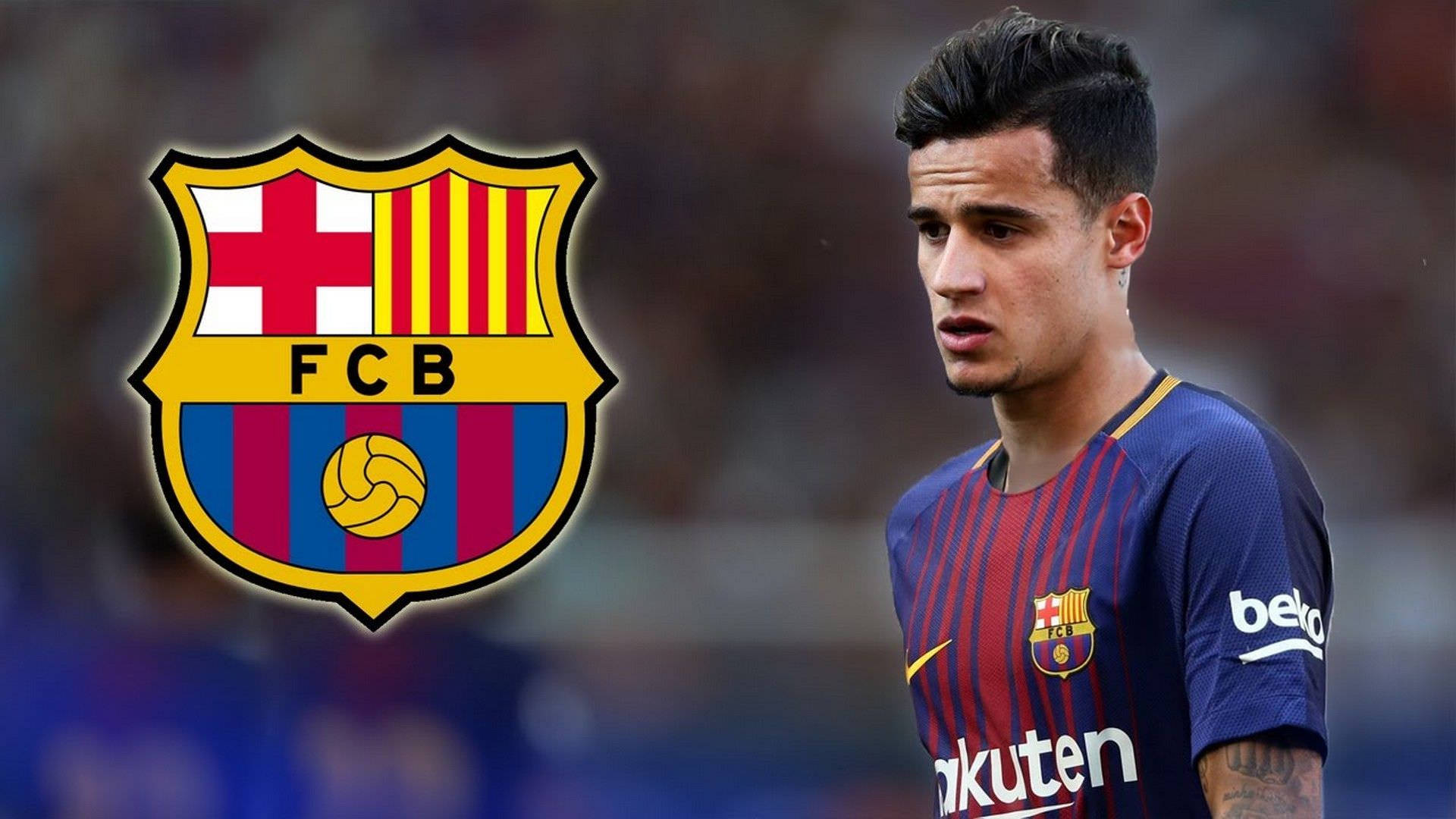 Coutinho 桌布 壁紙 — 一位專注的足球員身穿巴塞隆納球衣，站在俱樂部標誌性會徽旁，背景是模糊的球場。